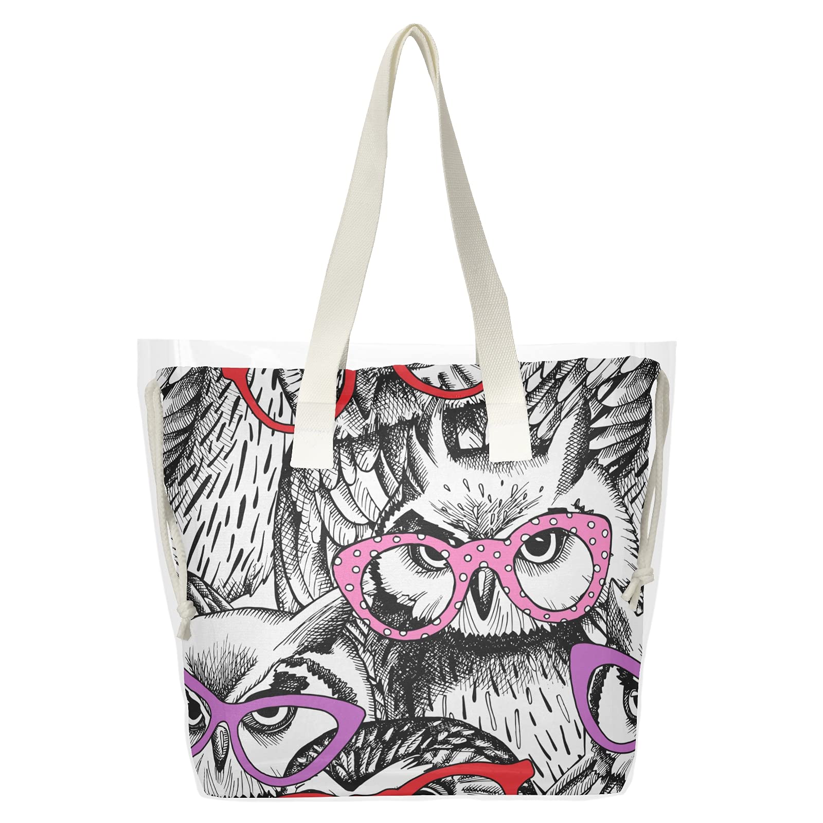 Stylish Clear Owl Print Tote Bag for Women - 2-in-1 Transparent Shoulder Bag | Fashionable See-Through Beach & Shopping Tote | Perfect for Dating, Parties, Concerts & Stadium Events | Durable Canvas Handbag for Everyday Use