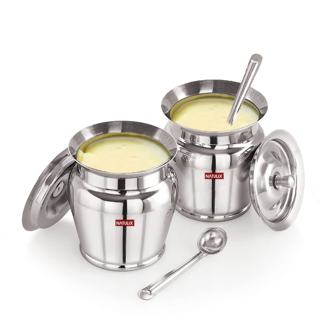 Premium NATULIX Stainless Steel Ghee Pot with Spoon & Lid - 400ml (Pack of 2) - Silver - Ideal for Cooking, Storage & Serving Organic Ghee, Butter & Oils
