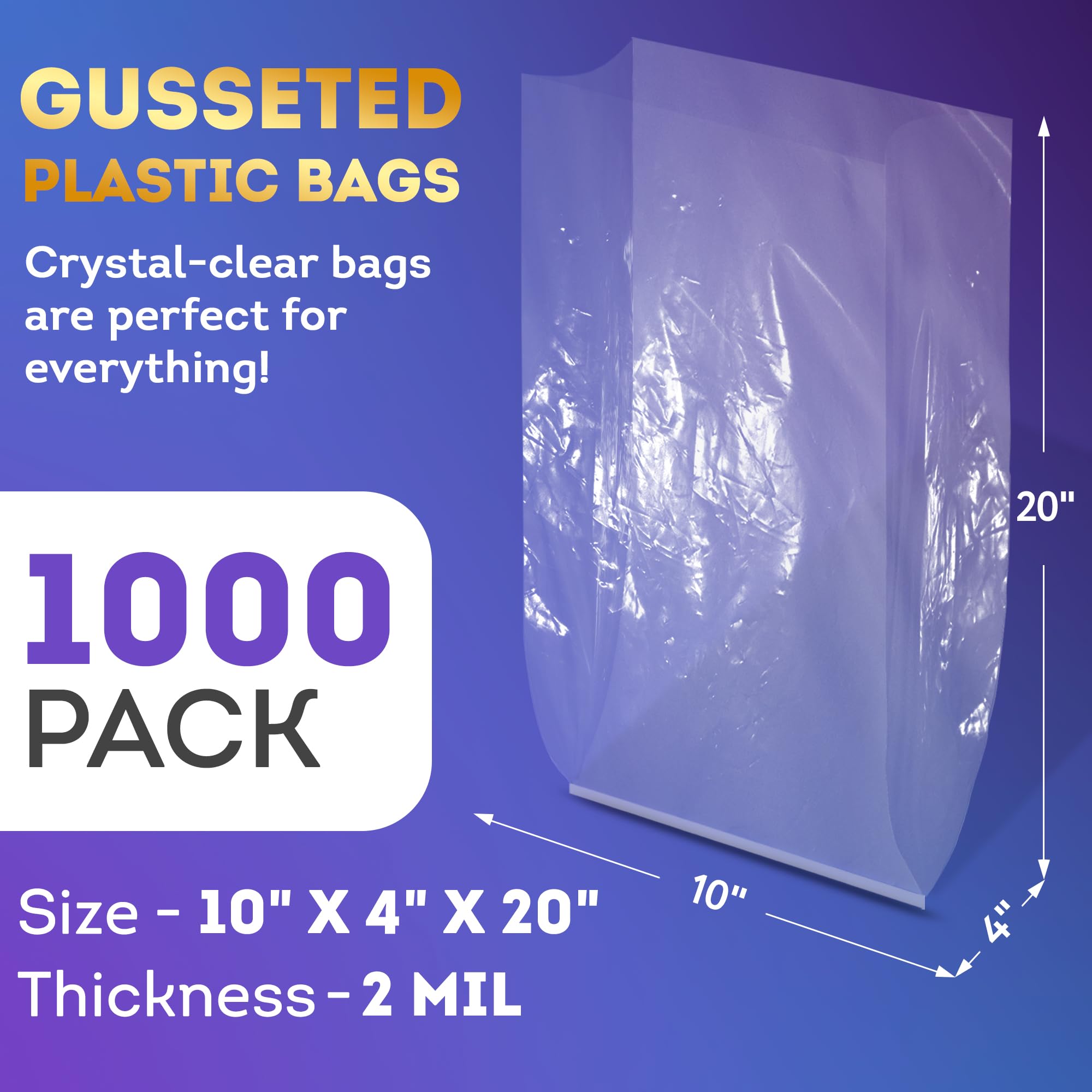 APQ Clear Gusseted Poly Bags - 10 x 4 x 20 Inches, 1000 Pack - Waterproof Flat Bottom Plastic Bags with Open Top - 2 Mil Thick for Packaging Popcorn, Cookies, Bread - Perfect for Party Favors, Bakery Storage & Retail Packaging