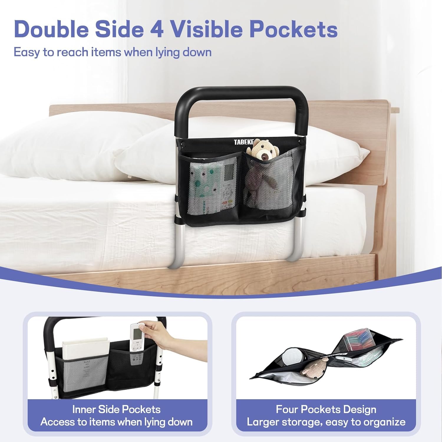 TABEKE Adjustable Bed Rails for Elderly Adults - Safety Bed Assist Rail with Non-Slip Handle & Double Side Storage Pockets - Fits King, Queen, Full, Twin Size Beds - Ideal for Senior Home Care & Fall Prevention