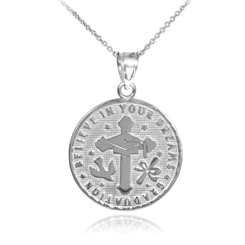 10K White Gold Reversible Graduation Medallion Charm Pendant Necklace - Perfect for Graduation Gifts, Commencement Ceremonies & Academic Achievements