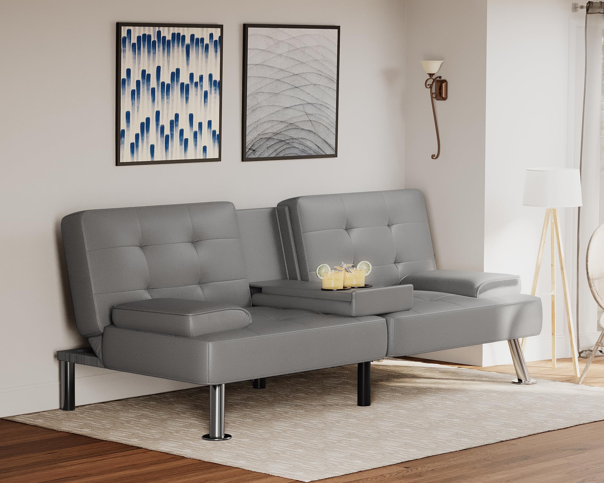 Modern Folding Futon Sofa Bed - PU Leather Convertible Recliner Lounge with 2 Cup Holders & Removable Armrests - Grey - Perfect for Small Spaces, Guest Rooms & Living Room Relaxation