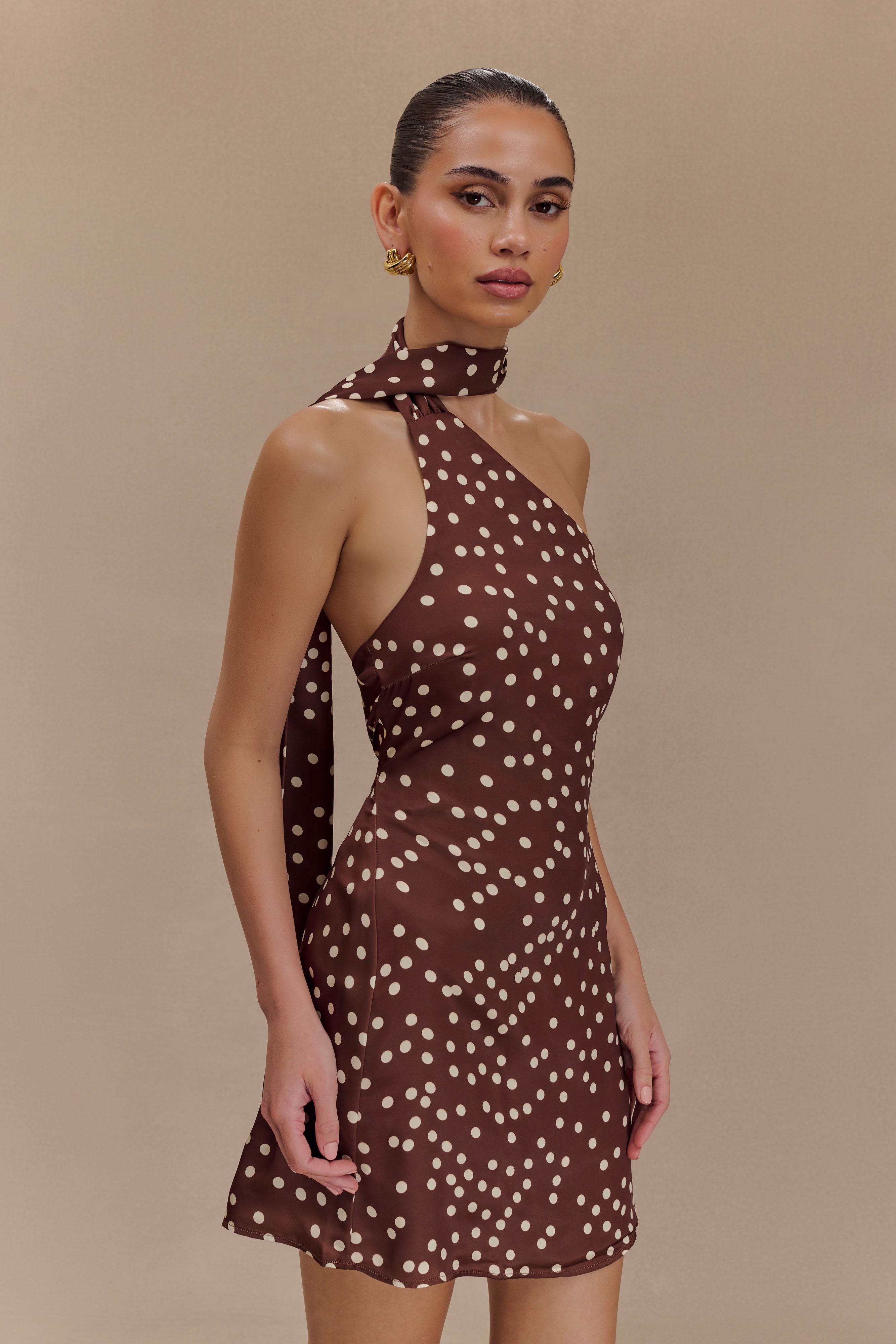 Joan Satin Asymmetrical Mini Dress - Brown Polka Dot Print Women's Party Cocktail Dress for Night Out, Date Night, Special Occasions