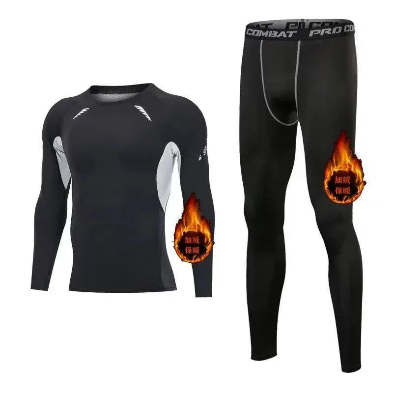 Men's Winter Thermal Fleece Gym Sets - Elastic Running & Fitness Outfit with Tight Exercise Top + Long Johns Base Layer Leggings for Cold Weather Workouts & Outdoor Sports