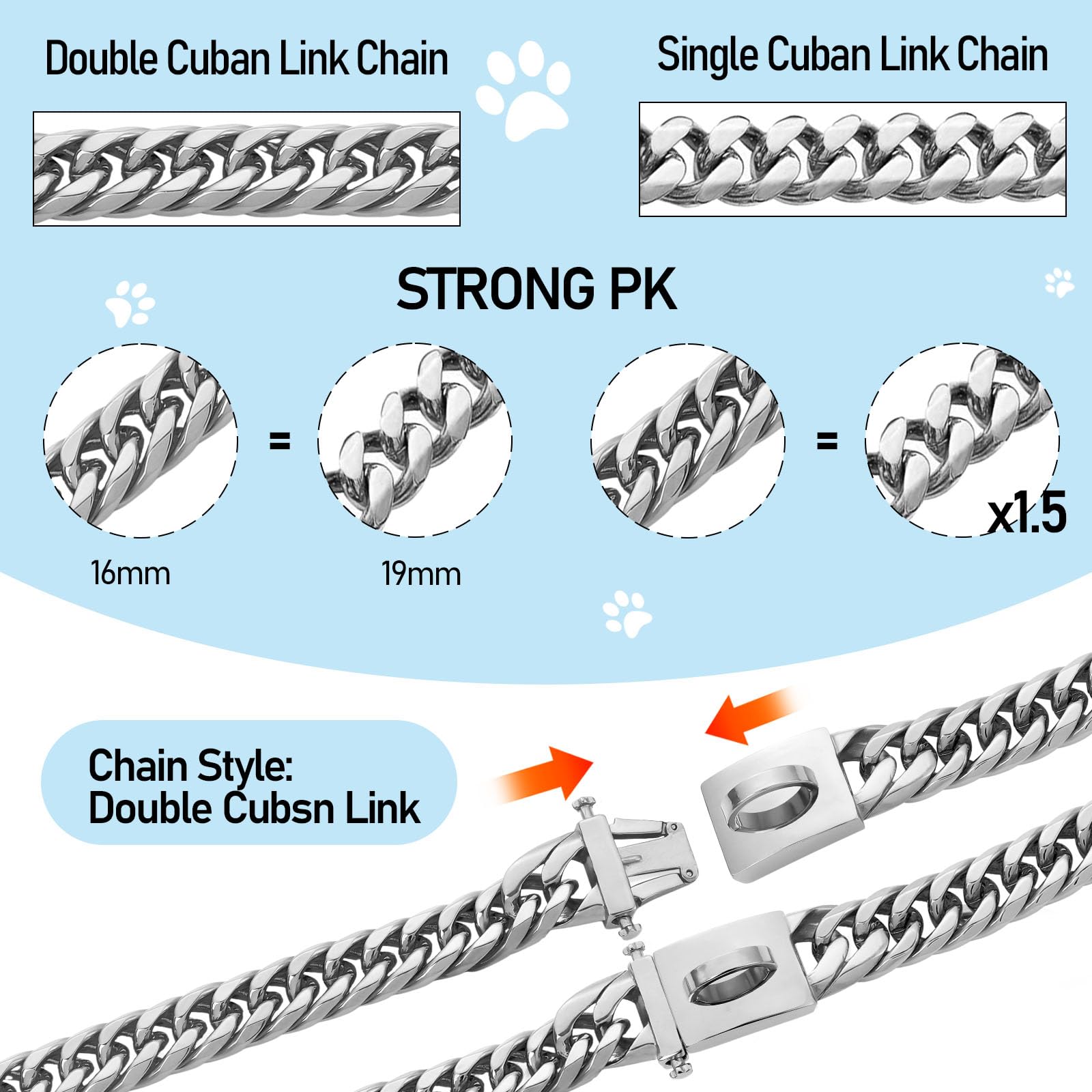 BAOBOTE 18K Silver Heavy Duty Cuban Link Dog Collar - 16MM Secure Snap Buckle Chew Proof Metal Chain for Medium & Large Dogs (20