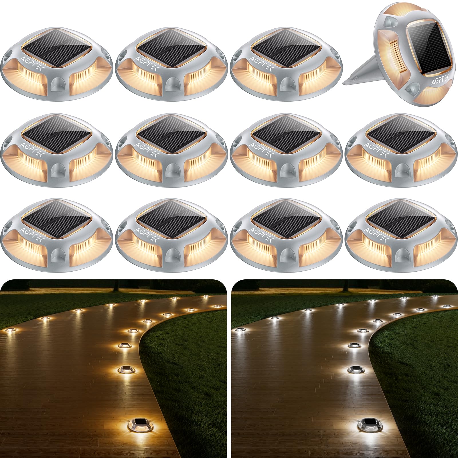 AGPTEK 12 Pack Solar Driveway Lights - 2 in 1 Color (Warm & White) Waterproof Outdoor LED Pathway Lights for Driveway, Garden, Walkway, Boat Dock, Steps | Solar Powered Security & Decorative Lighting for Home, Marine & Landscape Use