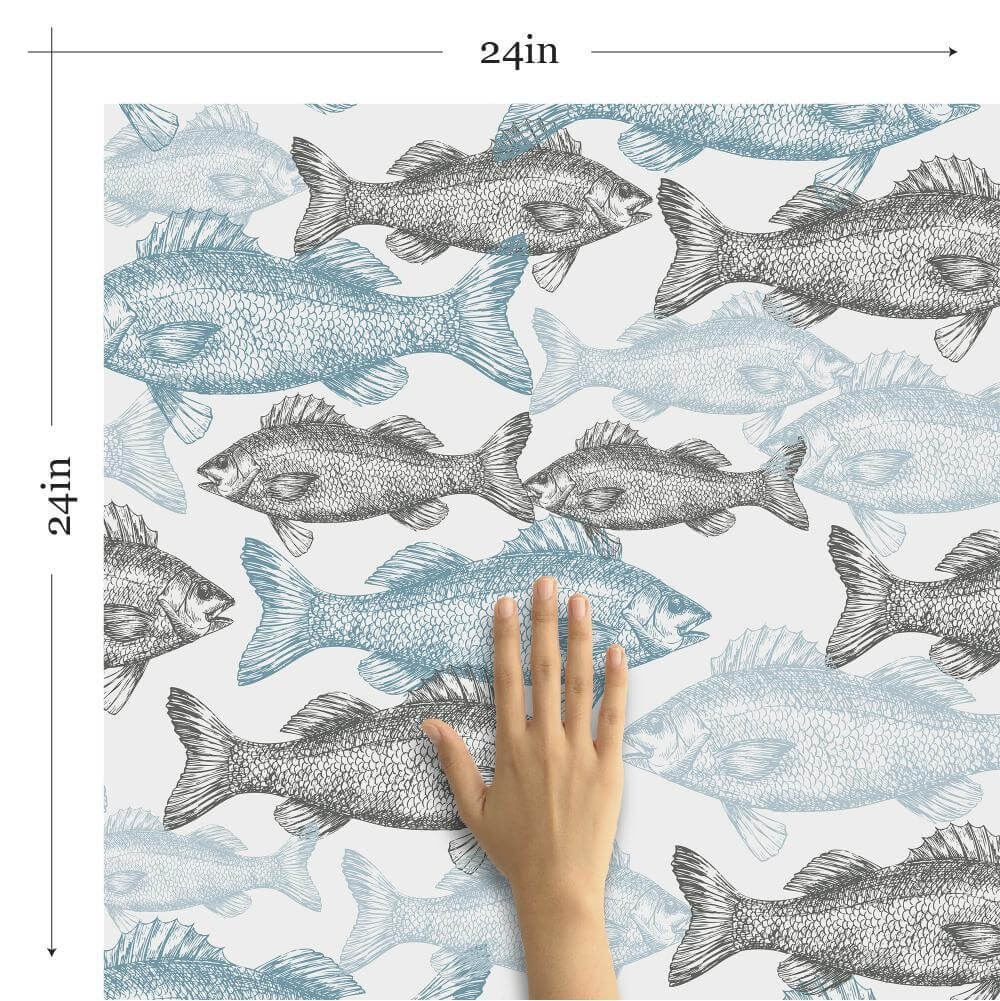 Blue Fish Nautical Peel and Stick Removable Wallpaper - Self-Adhesive Decorative Wall Covering for Bedroom, Bathroom, Nursery & Home Decor