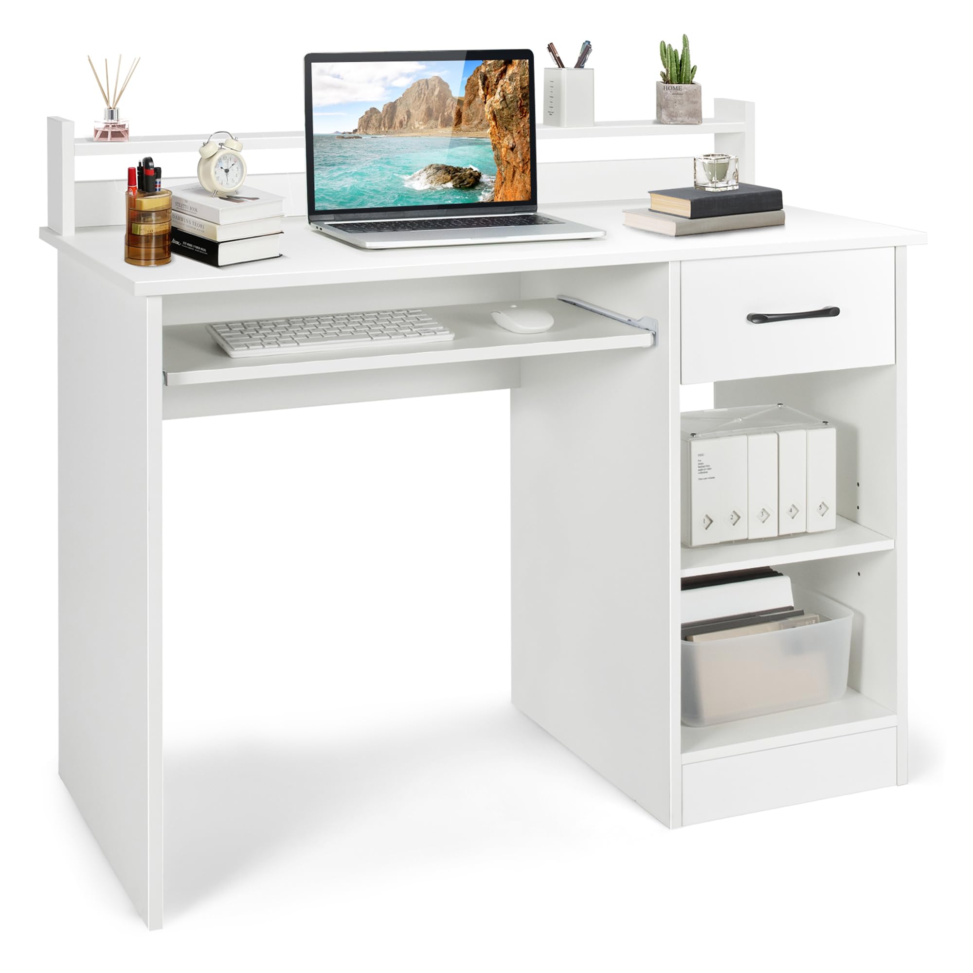 Tangkula 22 Inch White Modern Study Desk with Drawer, Keyboard Tray & Hutch - Compact Home Office Desk with Storage Shelves for Teens & Adults - Perfect for Small Spaces, Bedrooms & Dorm Rooms