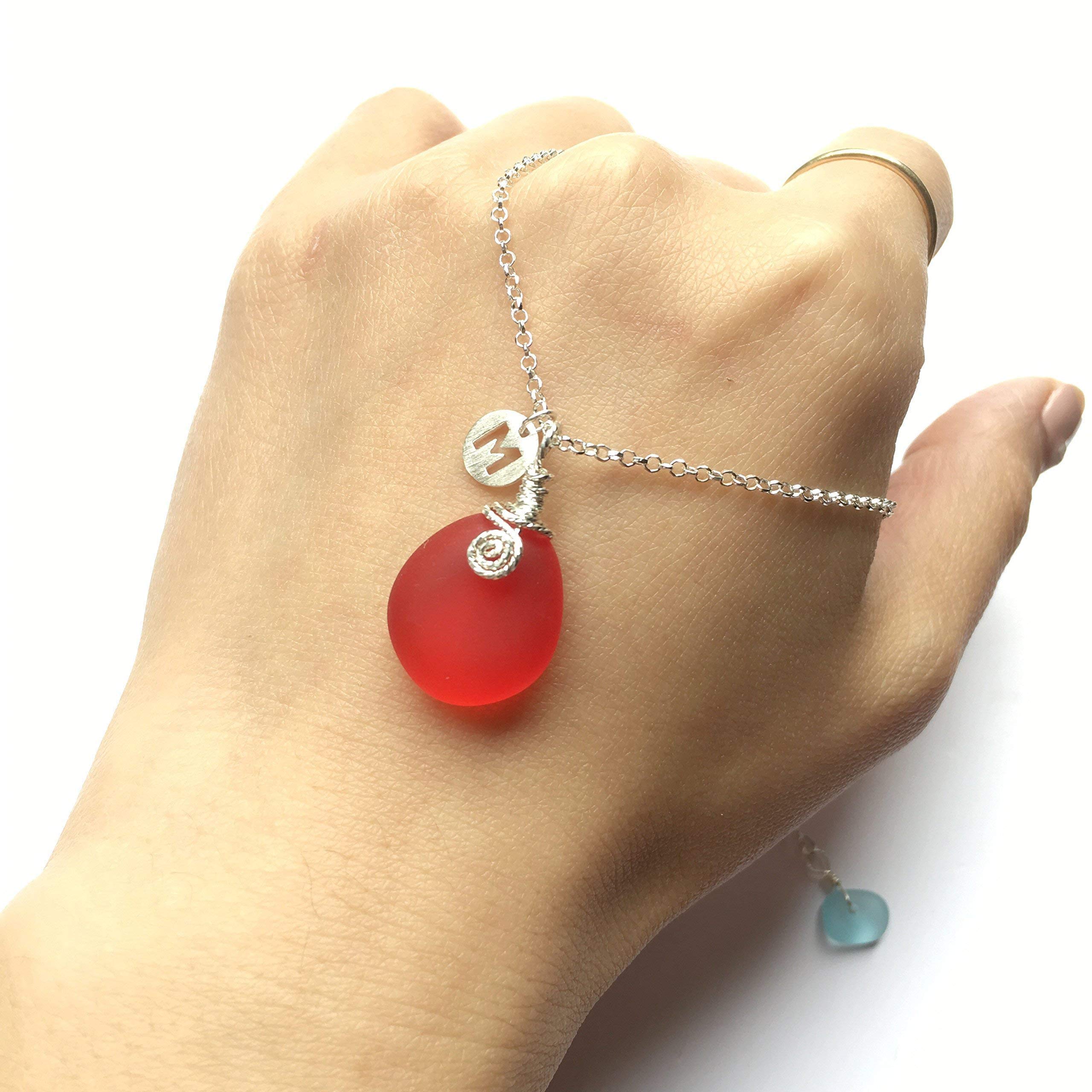Sterling Silver Red Sea Glass Necklace with Personalized Initial Letter Name Pendant - Adjustable Beach Glass Jewelry for Women - Perfect Birthday, Anniversary & Valentine's Day Gift for Her - Ideal for Beach Weddings, Vacation Accessories & Everyday Wear