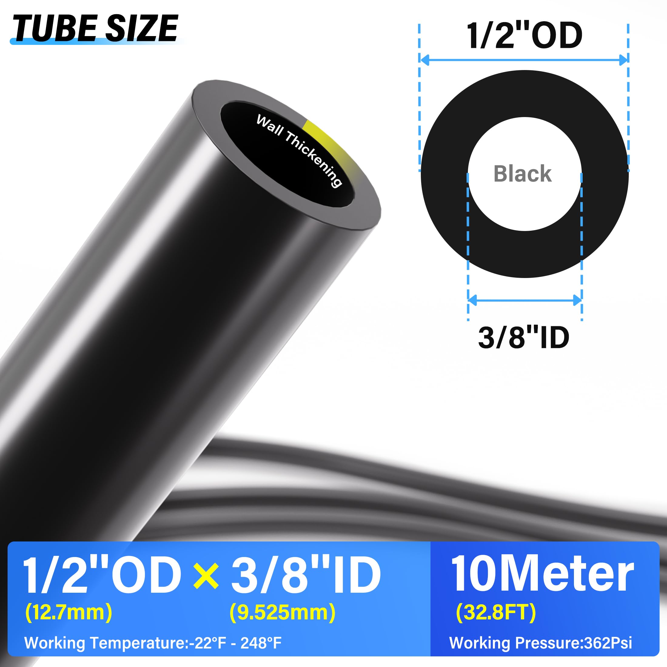 TAILONZ PNEUMATIC 1/2 Inch OD Black Nylon Air Hose - DOT Approved Air Brake Tubing (100ft/32Meter) - Ideal for Truck, Trailer & Industrial Air Systems