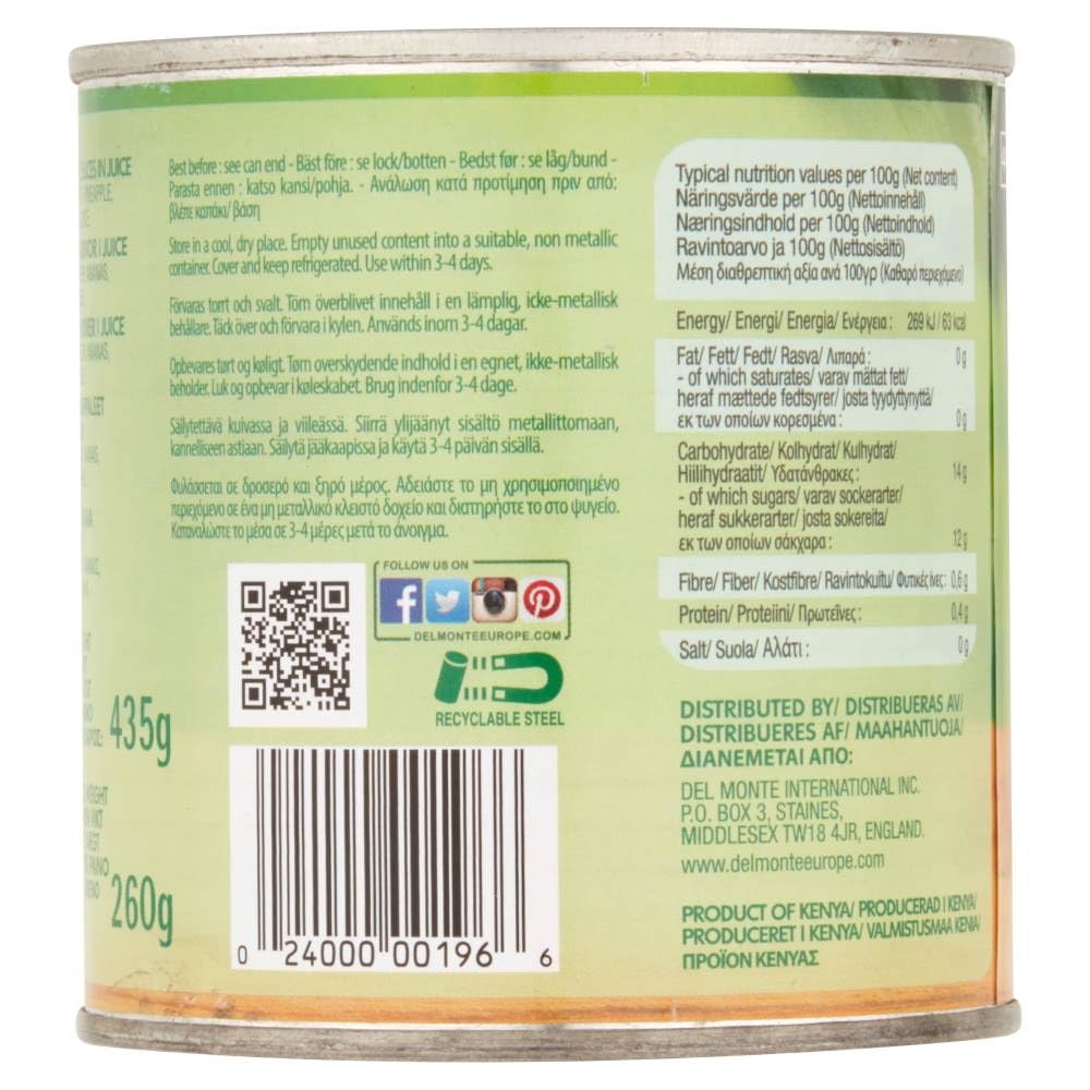 DEL MONTE Sliced Pineapple in 100% Juice, 15.25 oz Canned Fruit - Sweet & Juicy Pineapple Slices for Snacks, Desserts, Smoothies & Tropical Recipes