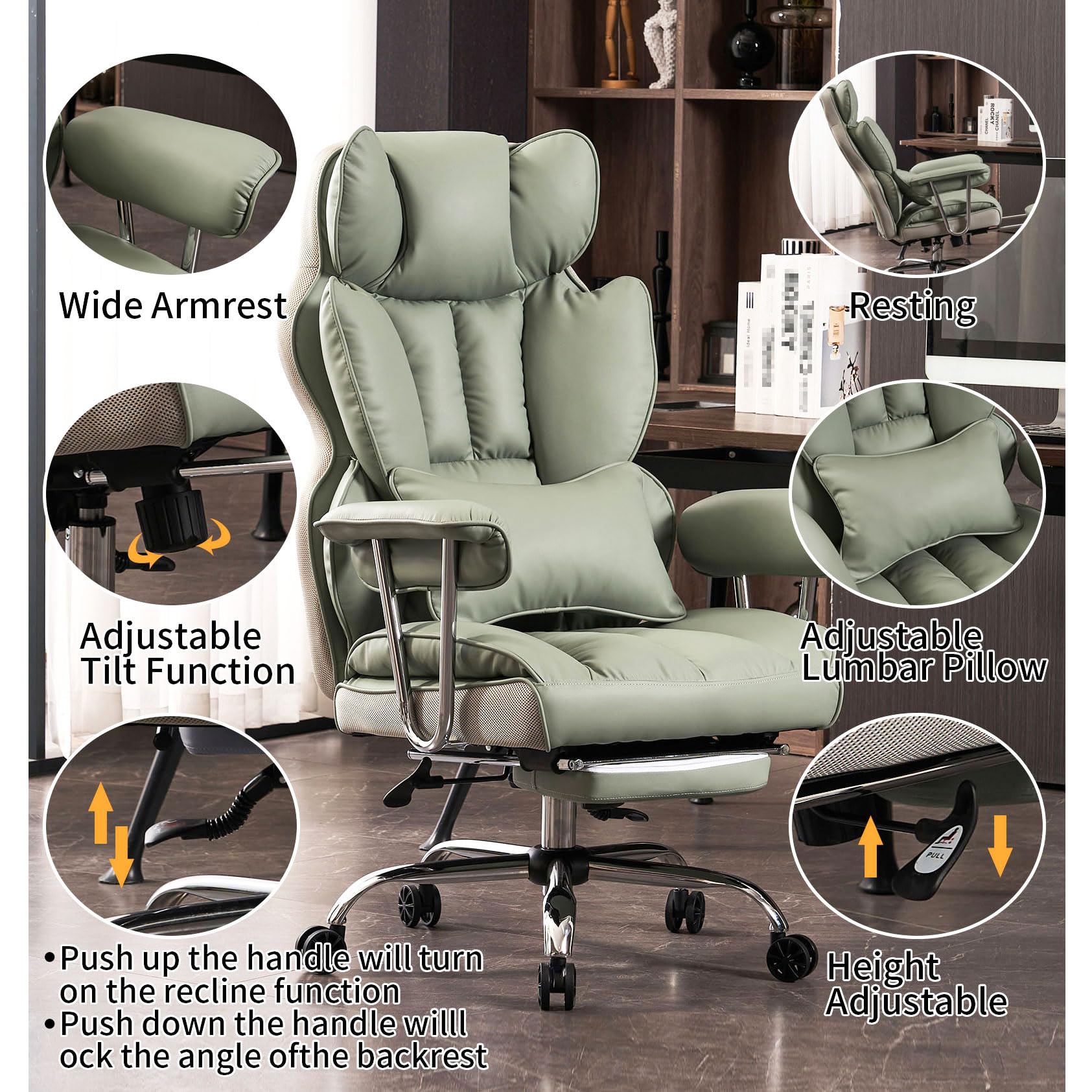 Efomao Big and Tall Office Chair 400lbs - Heavy Duty Executive Desk Chair with Footrest, PU Leather Computer Chair for Heavy People - Light Green Ergonomic Home Office Chair for Working, Gaming & Studying