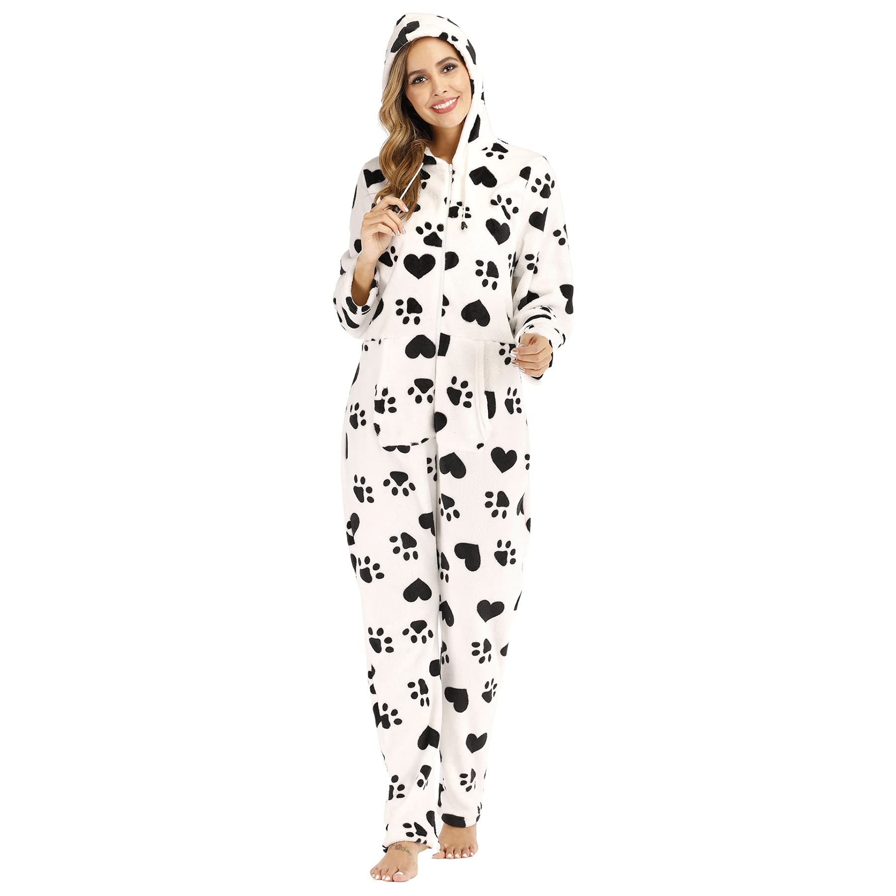 LZJDS Women's Hooded Onesie Pajamas - Soft Flannel Print One-Piece Jumpsuit for Lounge & Sleep, Sizes S-2XL - Perfect for Cozy Nights, Movie Nights & Winter Comfort