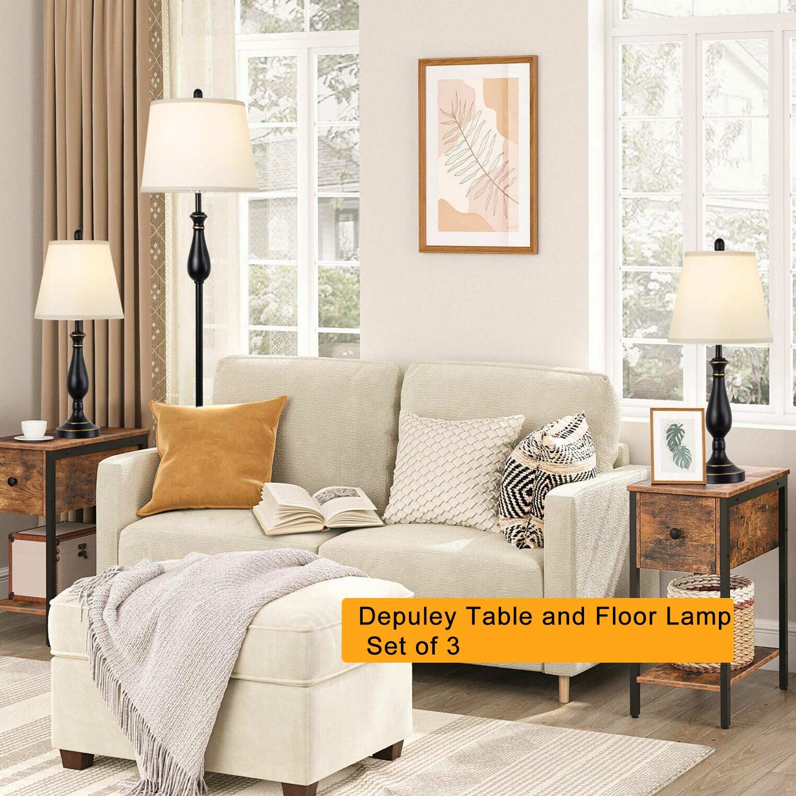 Depuley 3-Piece Table and Floor Lamp Set with White Linen Lampshade - Modern Farmhouse Lighting for Living Room, Bedroom & Nightstand - Black Finish - Perfect for Cozy Reading Nooks and Ambient Lighting