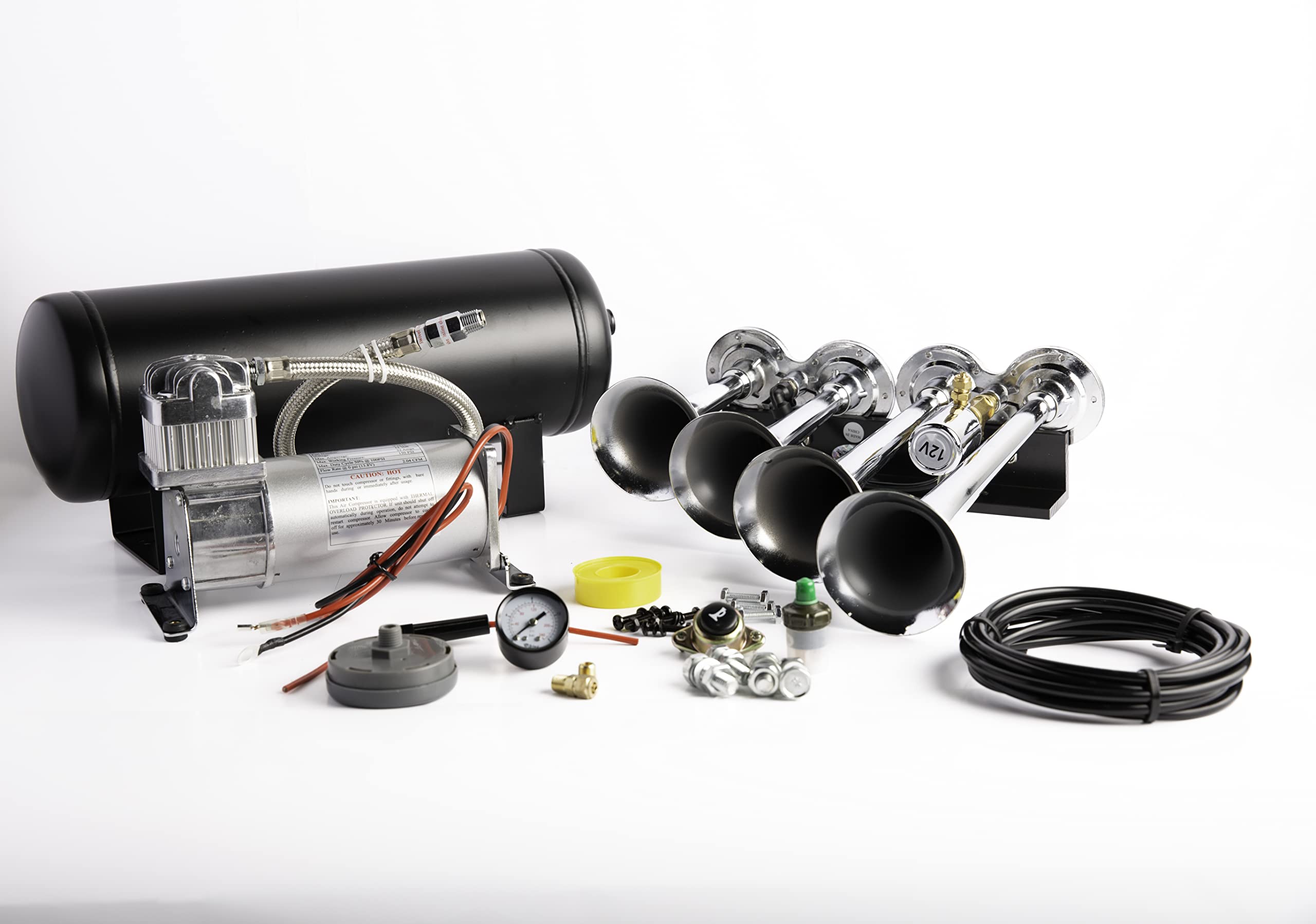 Viking Horns - 149dB Loud Four Trumpet Train Air Horn Kit with 1.5 Gallon Air Tank for Trucks, Boats & Emergency Vehicles