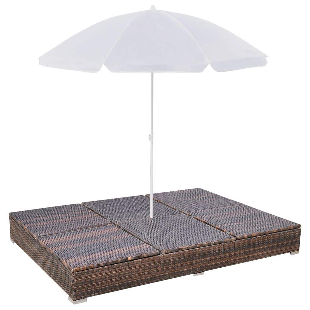 Brown Poly Rattan Patio Lounge Bed with Umbrella - Outdoor Reclining Couch for Garden, Poolside & Beach - Durable Patio Furniture for Relaxing, Sunbathing & Lounging