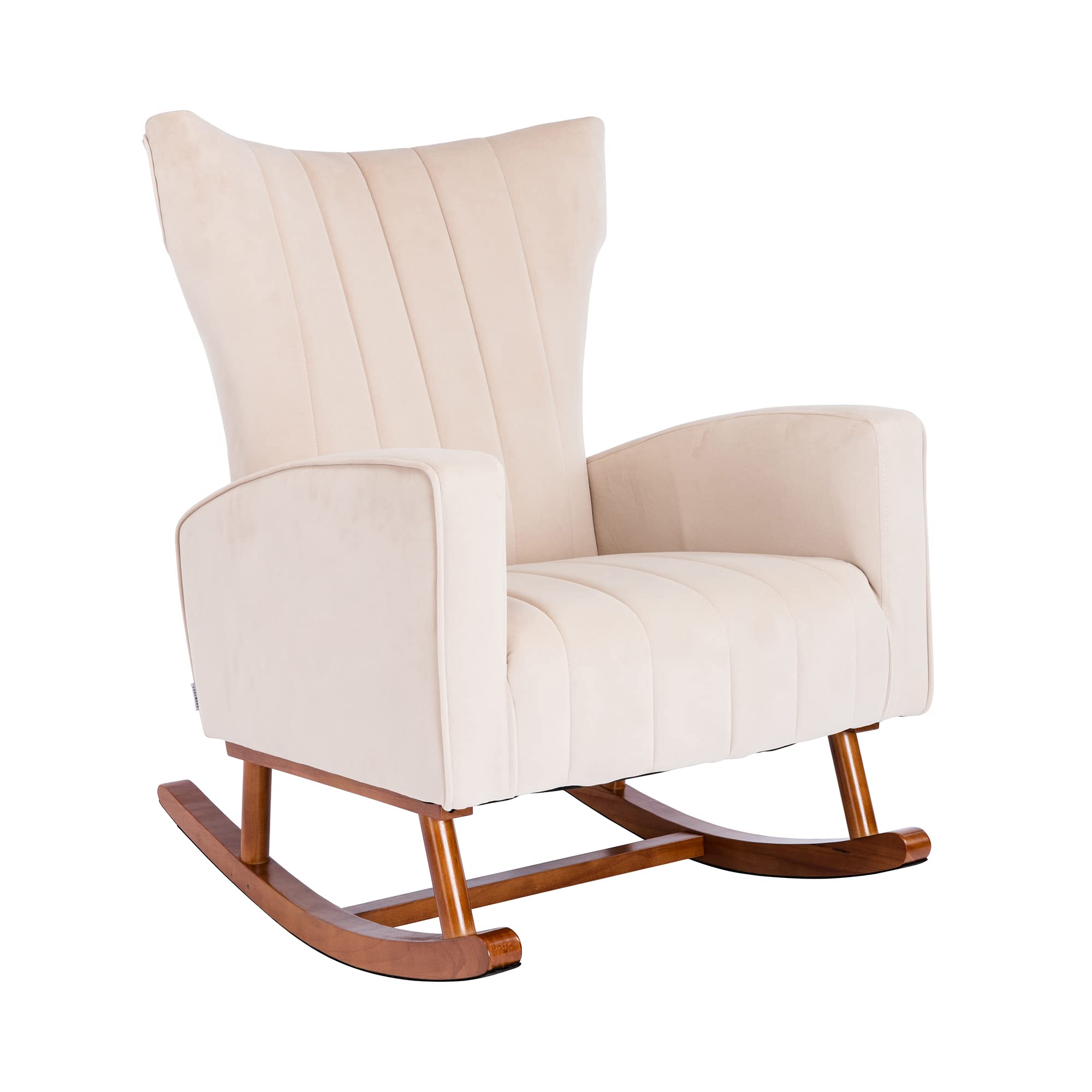Comfortable Beige Velvet Upholstered Nursery Rocking Chair - Modern High Back Glider Armchair for Baby Nursery, Living Room & Bedroom | D-Style Rocker for Breastfeeding, Reading & Relaxation