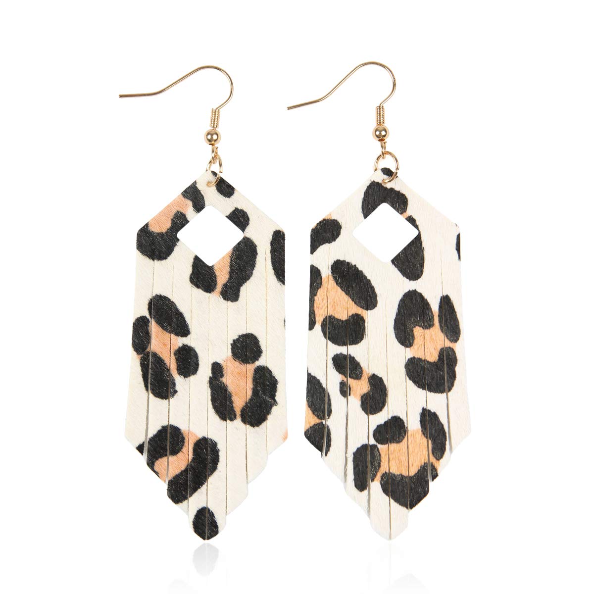 Bohemian Style Genuine Leather Geometric Earrings - Lightweight Animal Print Dangle Earrings with Calf Hair | Zebra Leaf & Leopard Hoop Designs | Perfect for Boho Fashion, Parties and Casual Wear