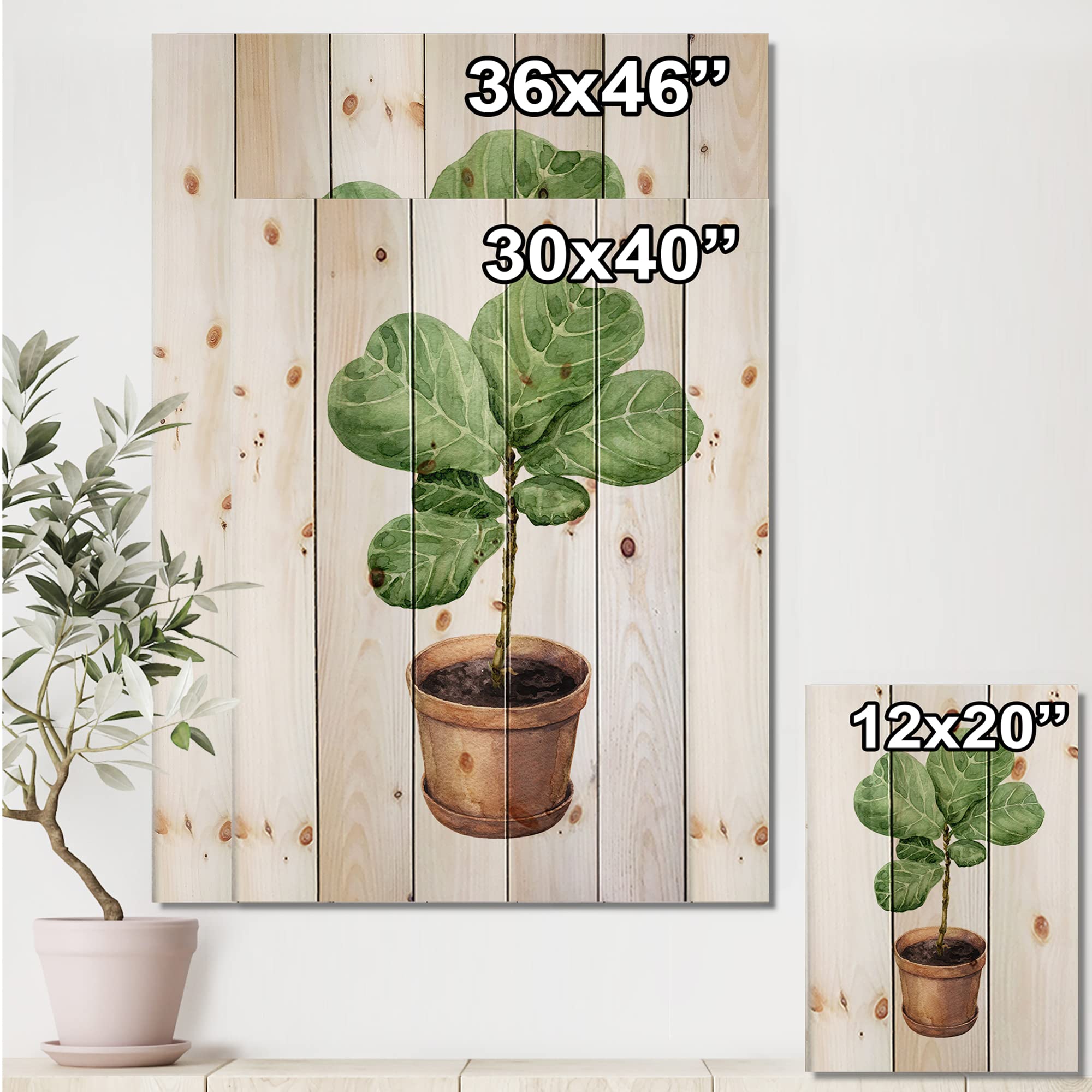 DesignQ Ficus Lyre Wall Art in Clay Pot - Large Floral Wood Wall Decor Panel Printed on Natural Pine - Traditional Wood Wall Hanging for Living Room, Bedroom & Office Decor