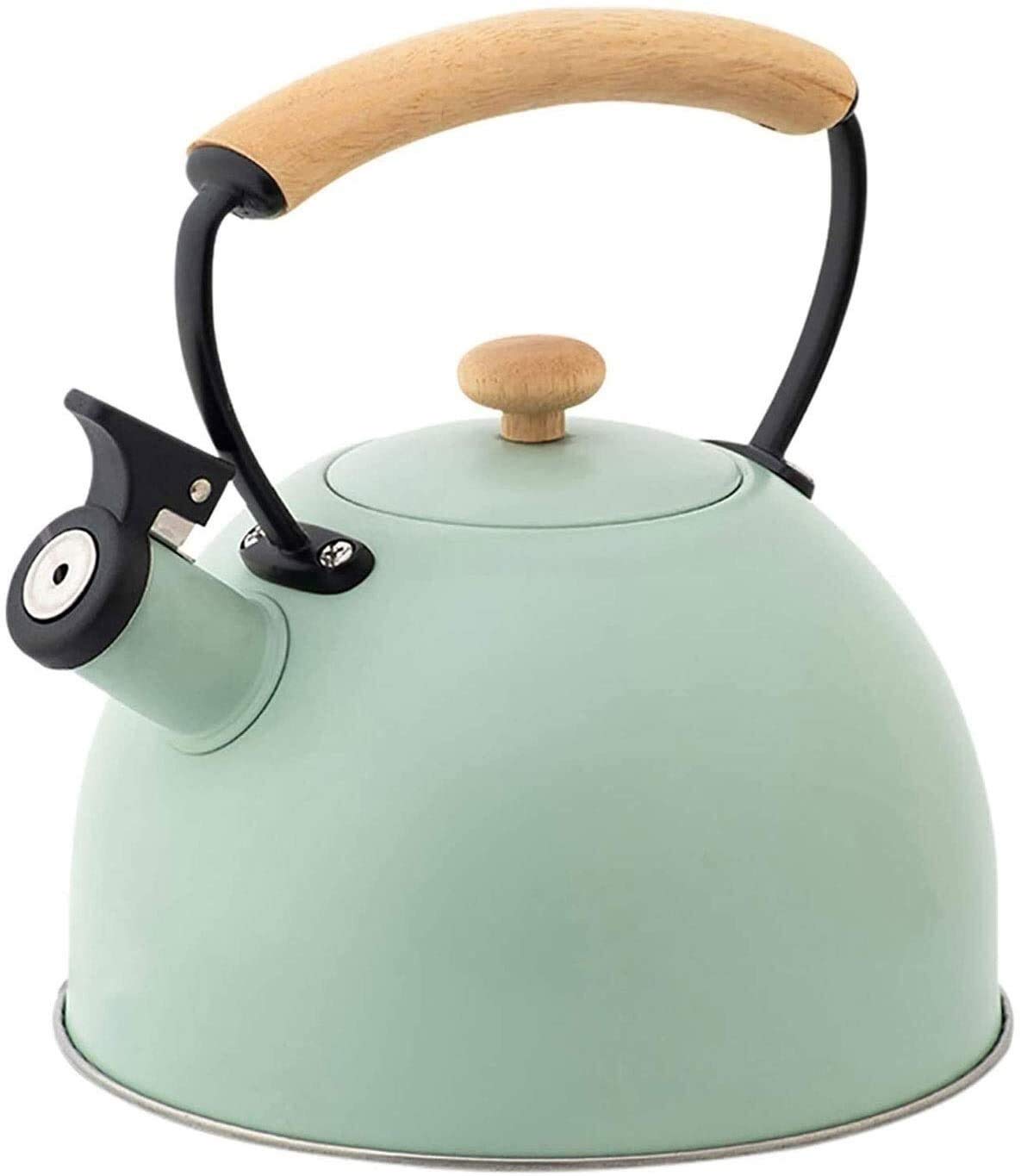 Stainless Steel Whistling Tea Kettle with Wooden Handle - 2.5L Green Teapot for Stovetop & Induction - Perfect for Home, Office & Camping Tea Brewing