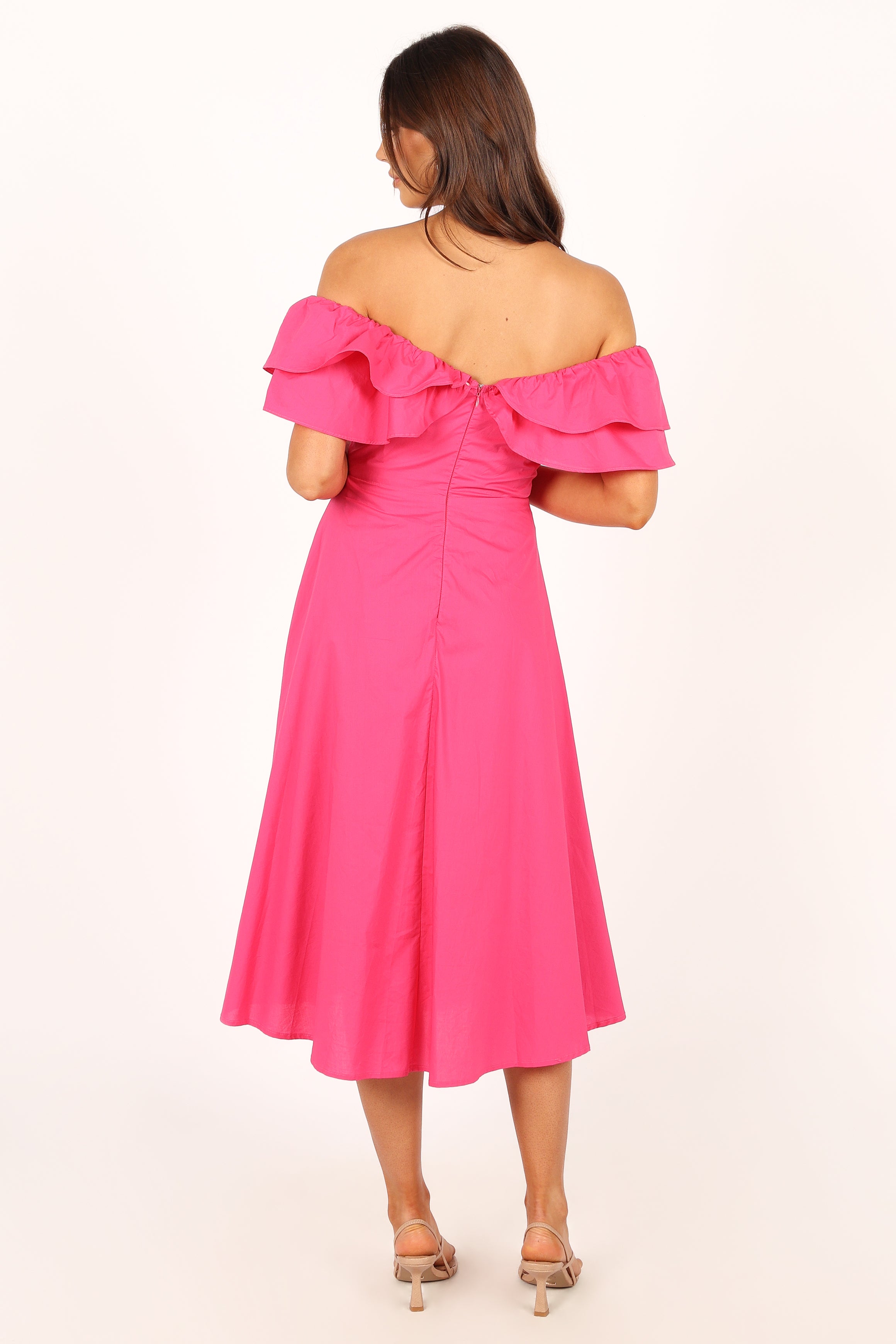 Elegant Cabo Frill Sleeve Midi Dress in Magenta - Perfect for Summer Vacations, Beach Weddings & Date Nights