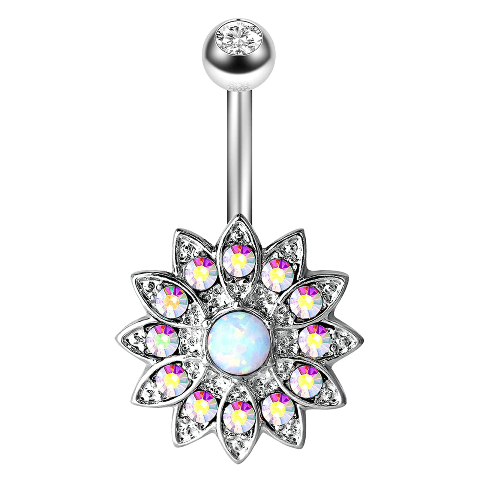 Opal Flower Belly Rings for Women - Surgical Stainless Steel Cubic Zirconia Navel Piercing Jewelry | Best Friend Gifts for Summer Beach Parties & Poolside Fashion