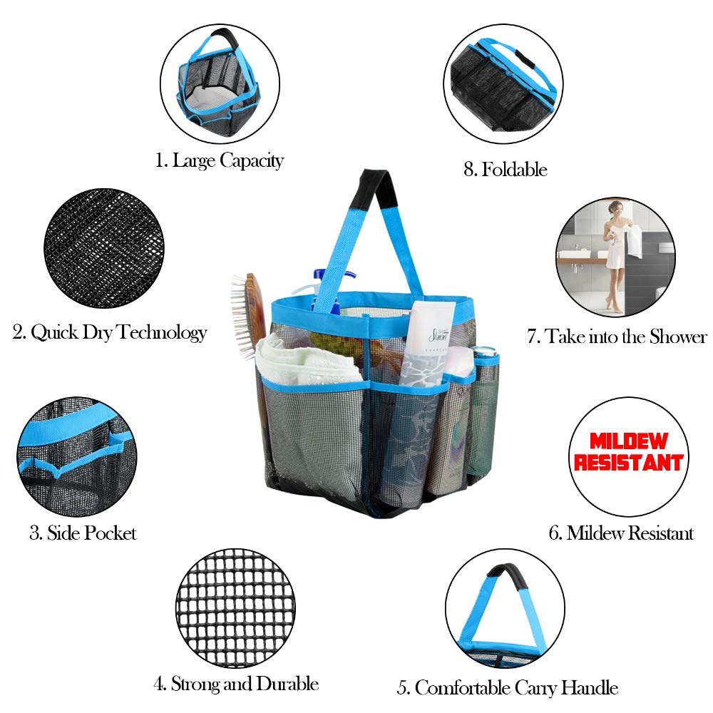 GGone 3 Pack Mesh Shower Caddy - Portable Quick Dry Hanging Tote Storage Bag with 9 Large Pockets for Shampoo, Soap & Bathroom Accessories (Black, Blue, Pink) | Perfect for College Dorms, Travel & Small Bathroom Organization