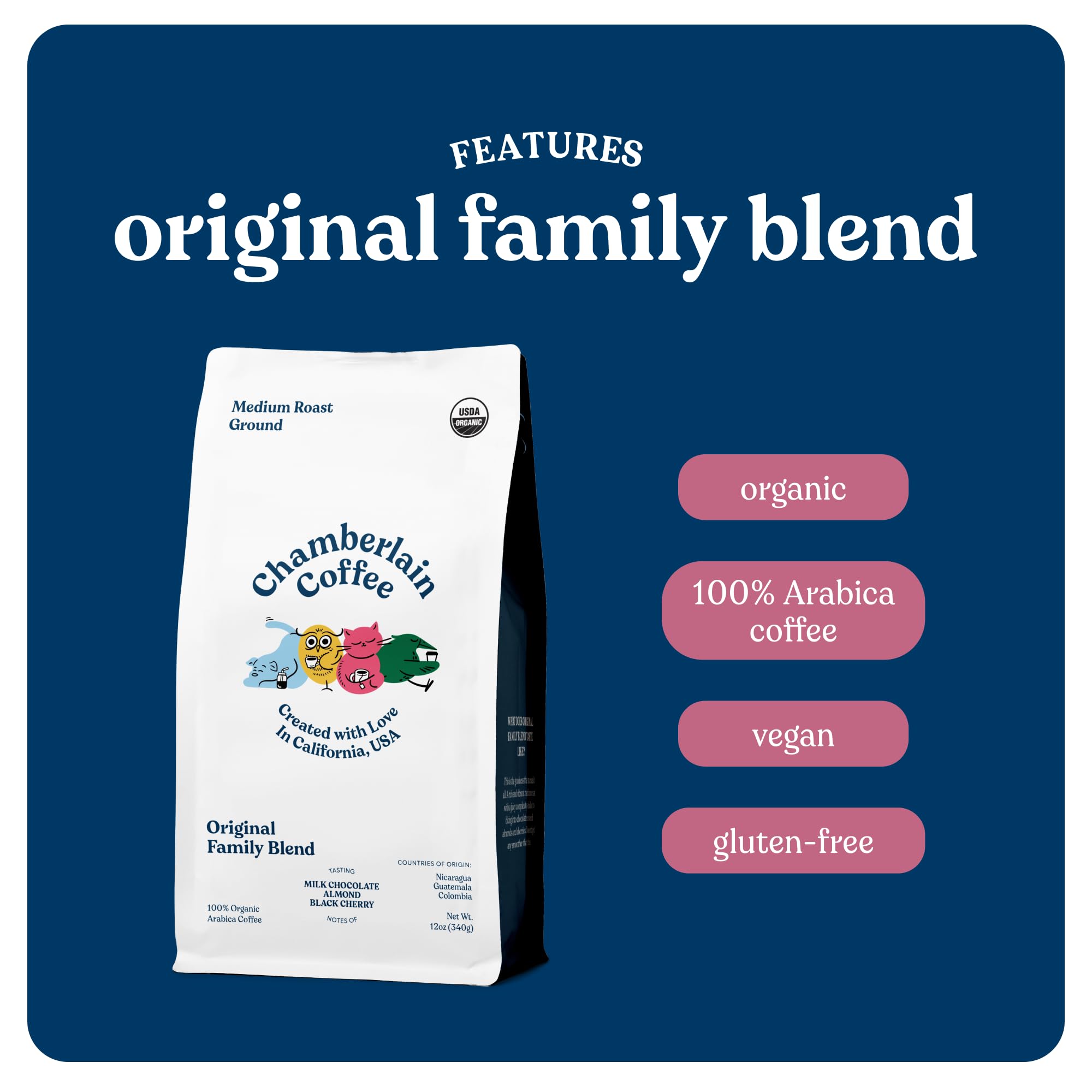 Chamberlain Coffee The Original Family Blend - Medium Roast Ground Coffee with Milk Chocolate, Almond & Black Cherry Notes - Freshly Roasted Specialty Coffee in California - 12 oz - Perfect for Morning Brew, Office Break & Gift Giving