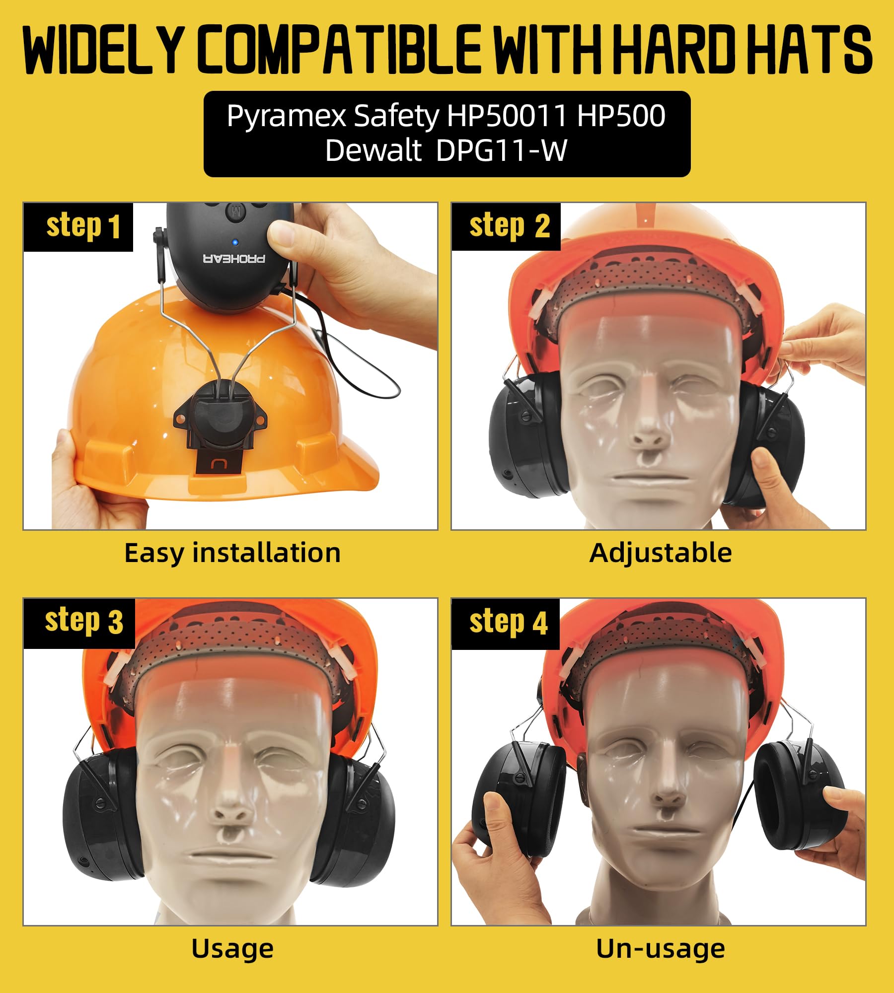 PROHEAR 037BR04 Bluetooth Hearing Protection Headphones - 40H Playtime, Noise Cancelling for Construction, Mowing & DIY - Compatible with 3M H-700 & DEWALT Hard Hats (Black) - Perfect for Job Sites, Landscaping & Woodworking Safety