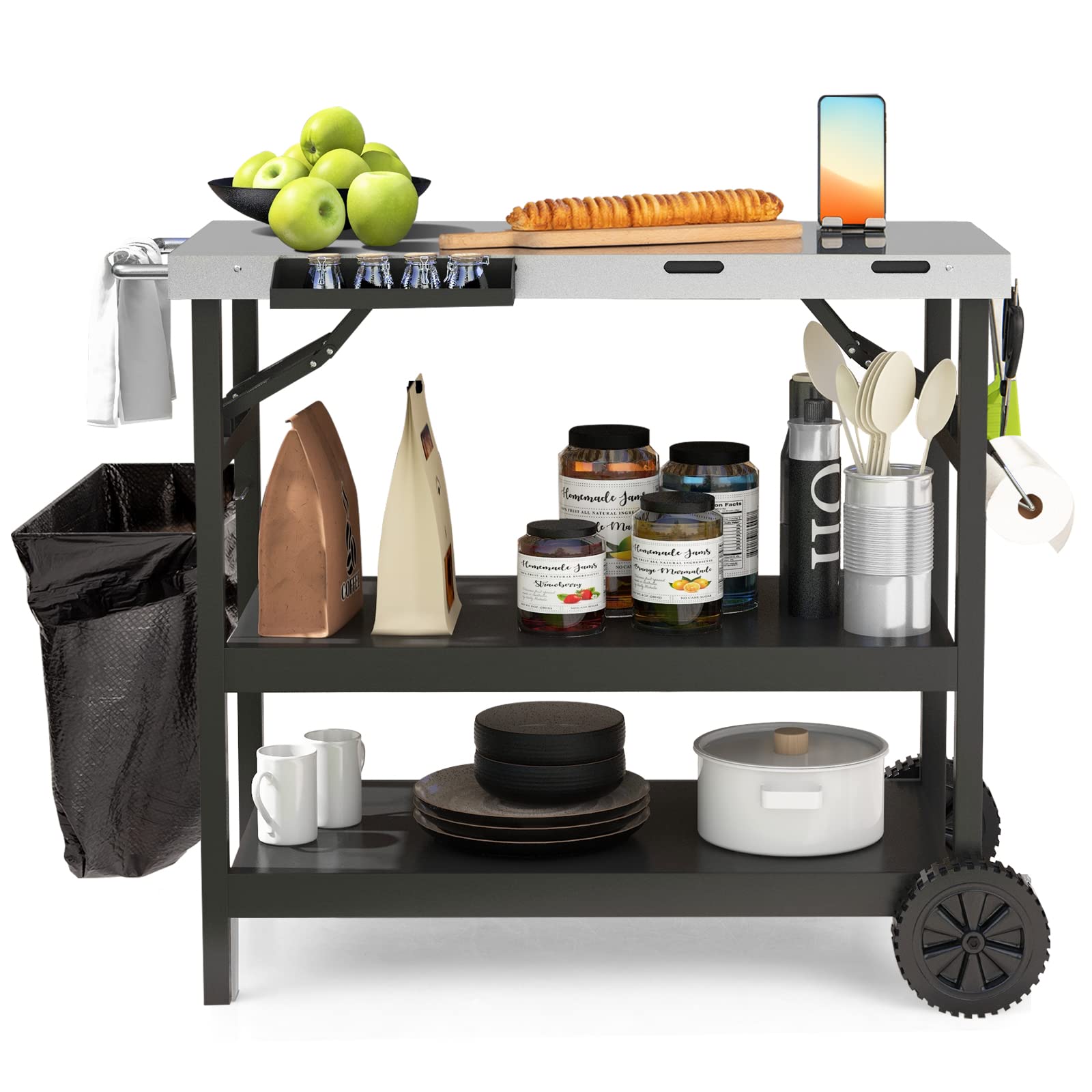 GOFLAME 3-Tier Outdoor Grill Cart with Adjustable Shelves, Stainless Steel Top & 2 Wheels – Heavy Duty BBQ Prep Table for Backyard, Patio & Camping Cooking