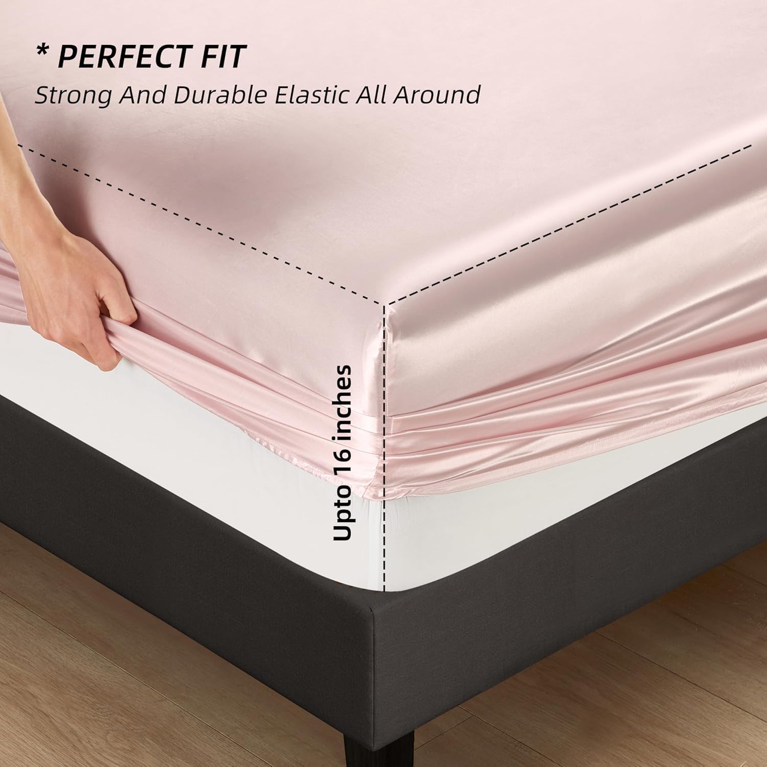 NA HommxJF 4PCS Blush Pink Satin Sheets Queen Size - Soft Silky Bedding Set Includes 1 Flat Sheet, 1 Deep Pocket Fitted Sheet & 2 Pillowcases - Lightweight Luxury Sheets for Bedroom Decor, Wedding Gift or Guest Room Upgrade