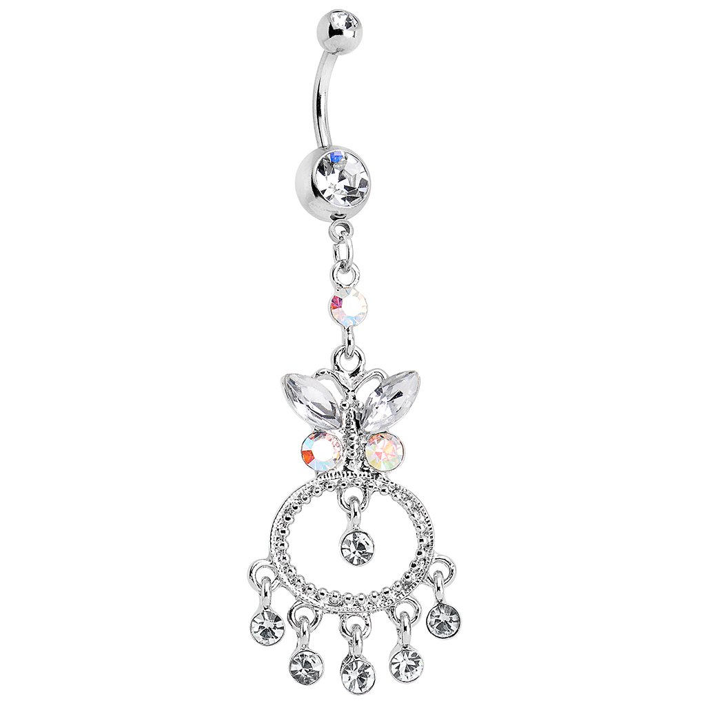 Body Candy Stainless Steel Clear Butterfly Chandelier Belly Ring - Hypoallergenic Navel Piercing Jewelry for Women - Perfect for Parties, Beach & Summer Fashion