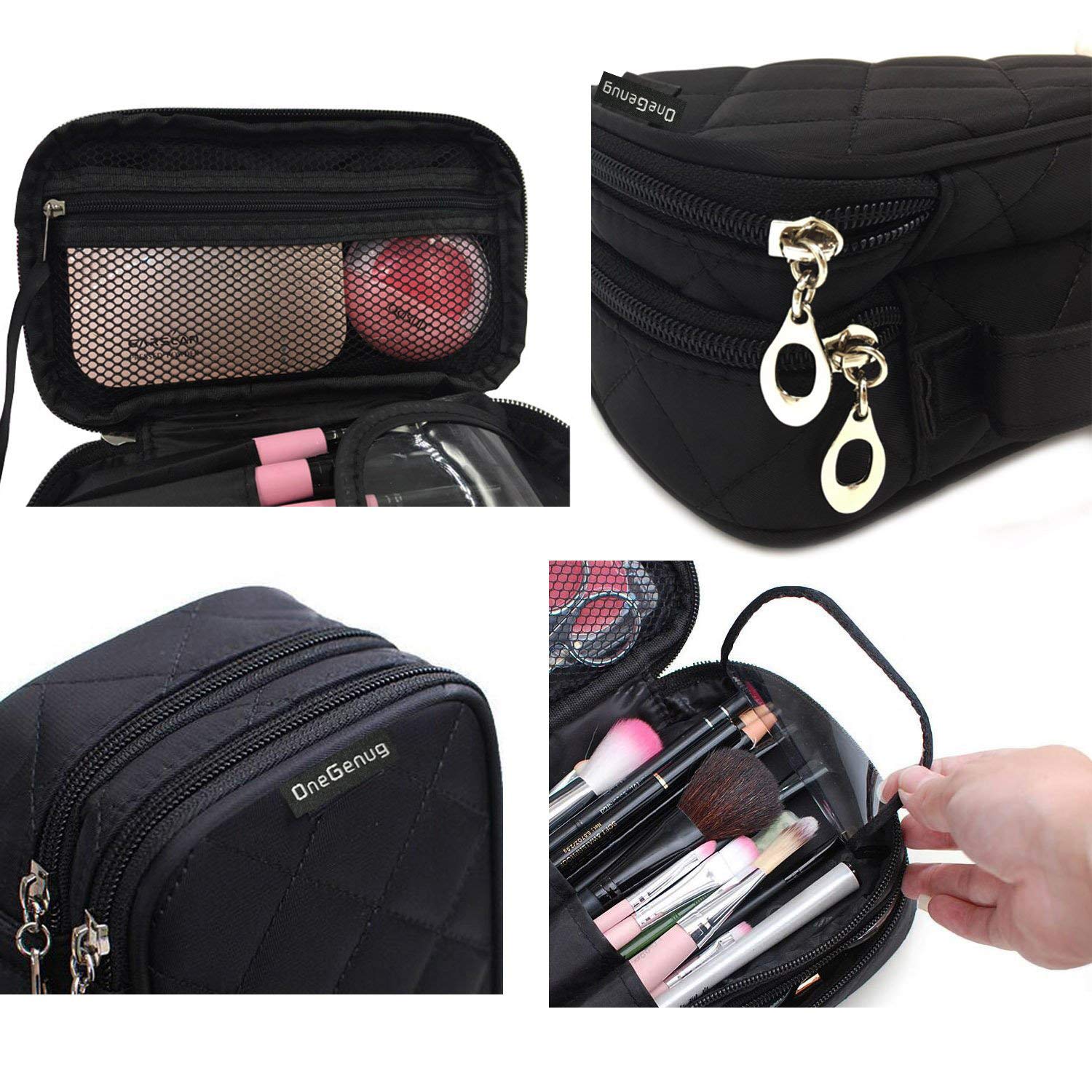 ONEGenug Double Layer Makeup Bag with Mirror for Women - 20 x 12 x 8 cm Travel Cosmetic Organizer (Black, Medium/Large) - Perfect for Travel, Gym & Daily Beauty Essentials