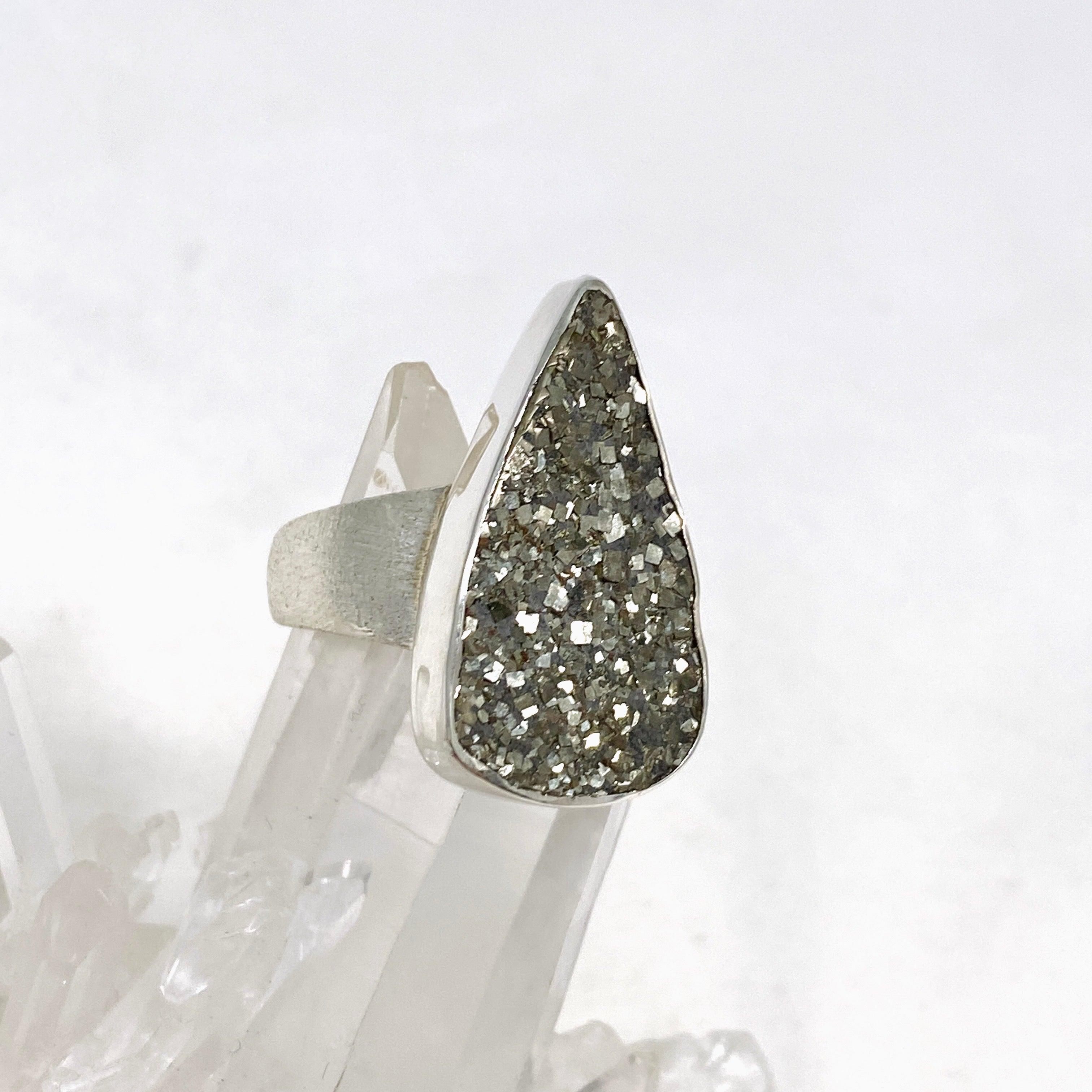 Natural Pyrite Raw Teardrop Ring with Brushed Silver Band - Size 10 - KRGJ3192 - Perfect for Boho Jewelry & Crystal Healing Collections