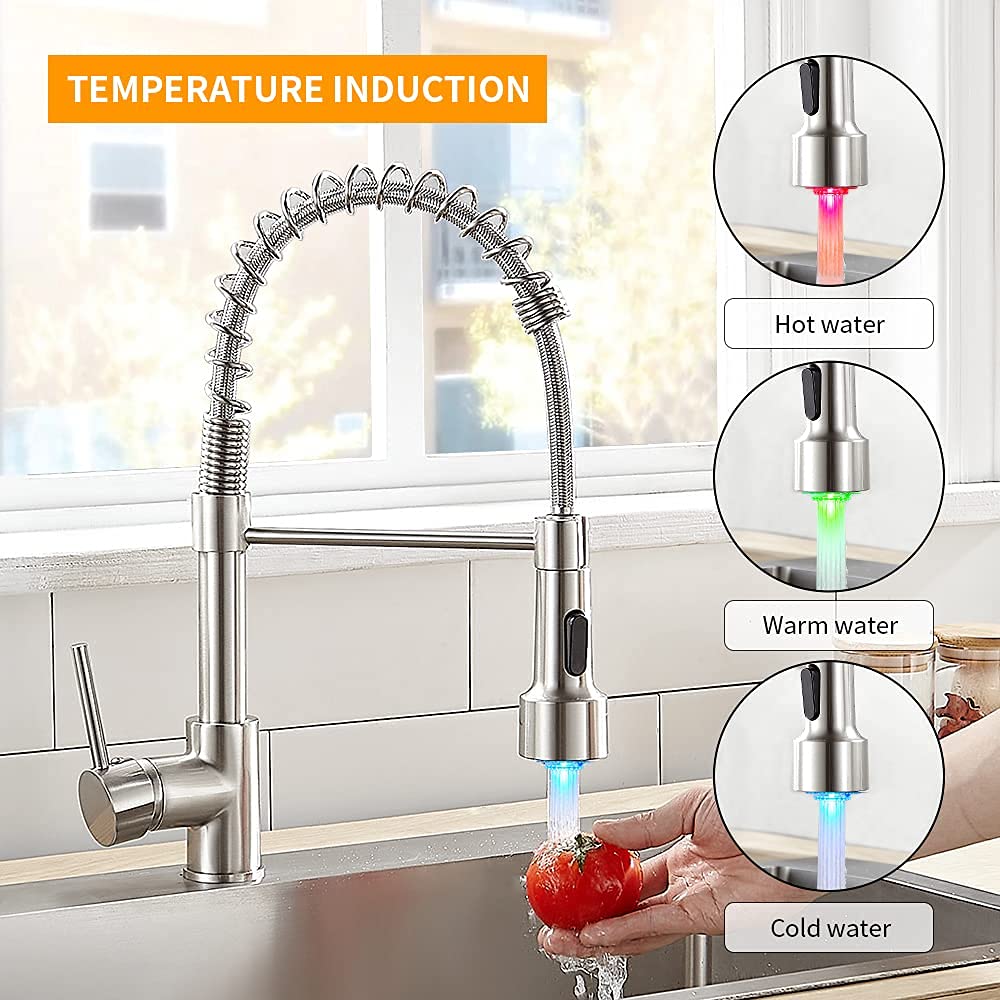 OWOFAN Brushed Nickel Kitchen Sink Faucet with Soap Dispenser - High Arc Pull Down Sprayer, Durable Stainless Steel Design for Modern Home & Restaurant Use