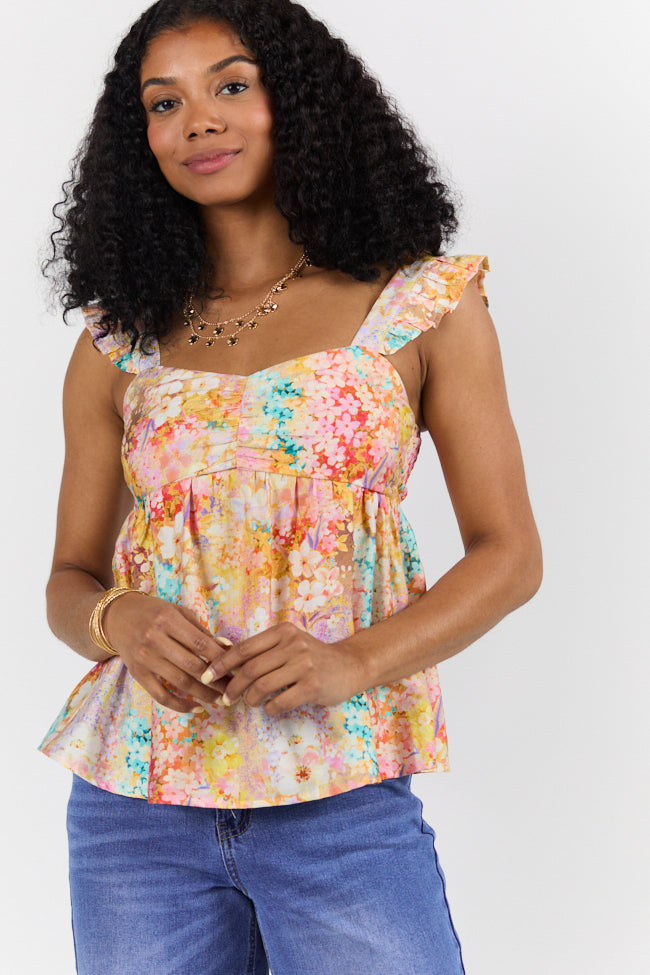 Flowers On My Mind Women's Floral Print Cinched Bust Tank Top - Summer Casual Wear, Beach Outfit & Boho Fashion