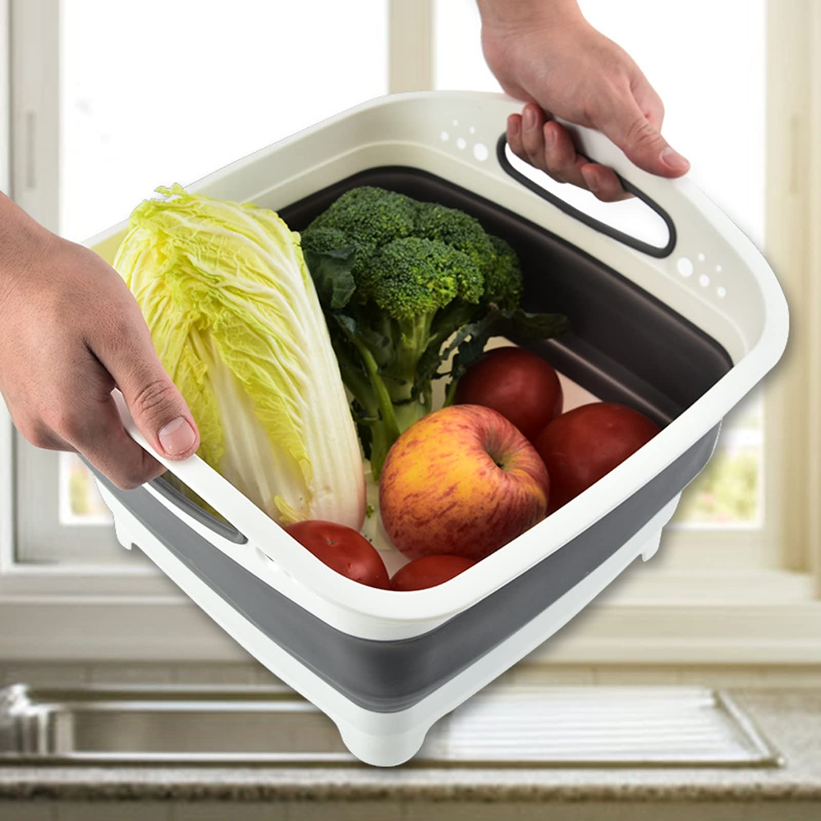 Foldable Cutting Board with Drain Plug - 3-in-1 Portable Chopping Board, Dish Tub & Colander - Retractable Washing Basket for Kitchen, Camping & Picnic (Grey White) | Perfect for Meal Prep, Outdoor Cooking & Small Space Storage