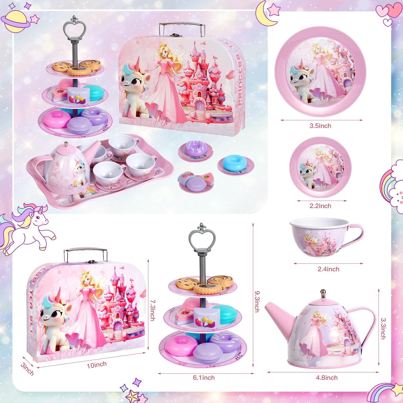 Unicorn Tea Party Set for Girls - Princess Tea Time Play Kitchen Toy with Tin Teapot, Desserts, Cookies, Donut & Cake Tray | Perfect Birthday Gift for Kids Ages 3-8 | Pretend Play, Tea Parties & Imaginative Fun