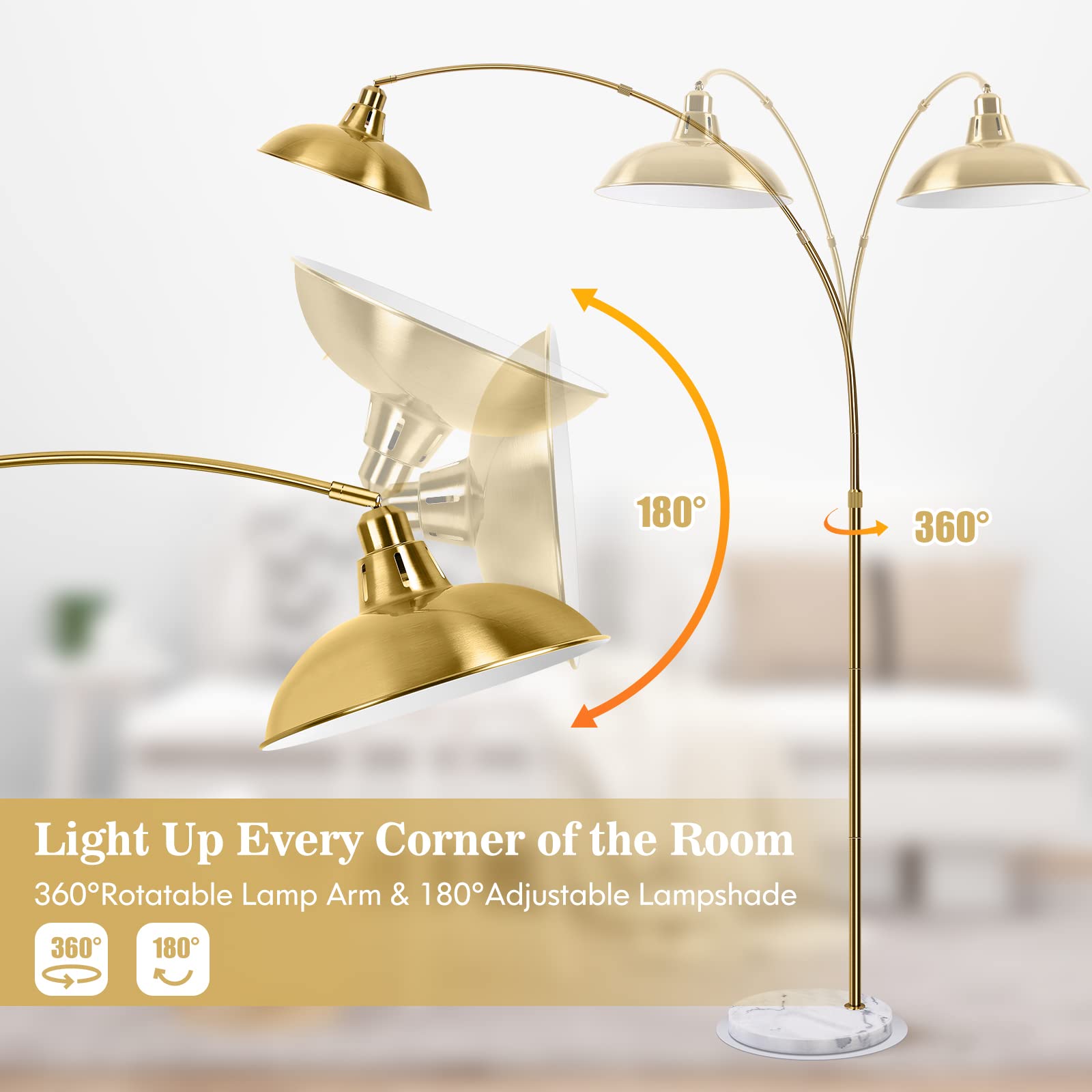 Gold Brass Arc Floor Lamp - Mid Century Modern Standing Lamp with White Marble Base | Overhanging Arch Design for Living Room, Bedroom & Study | Adjustable Reading Light & Ambient Lighting