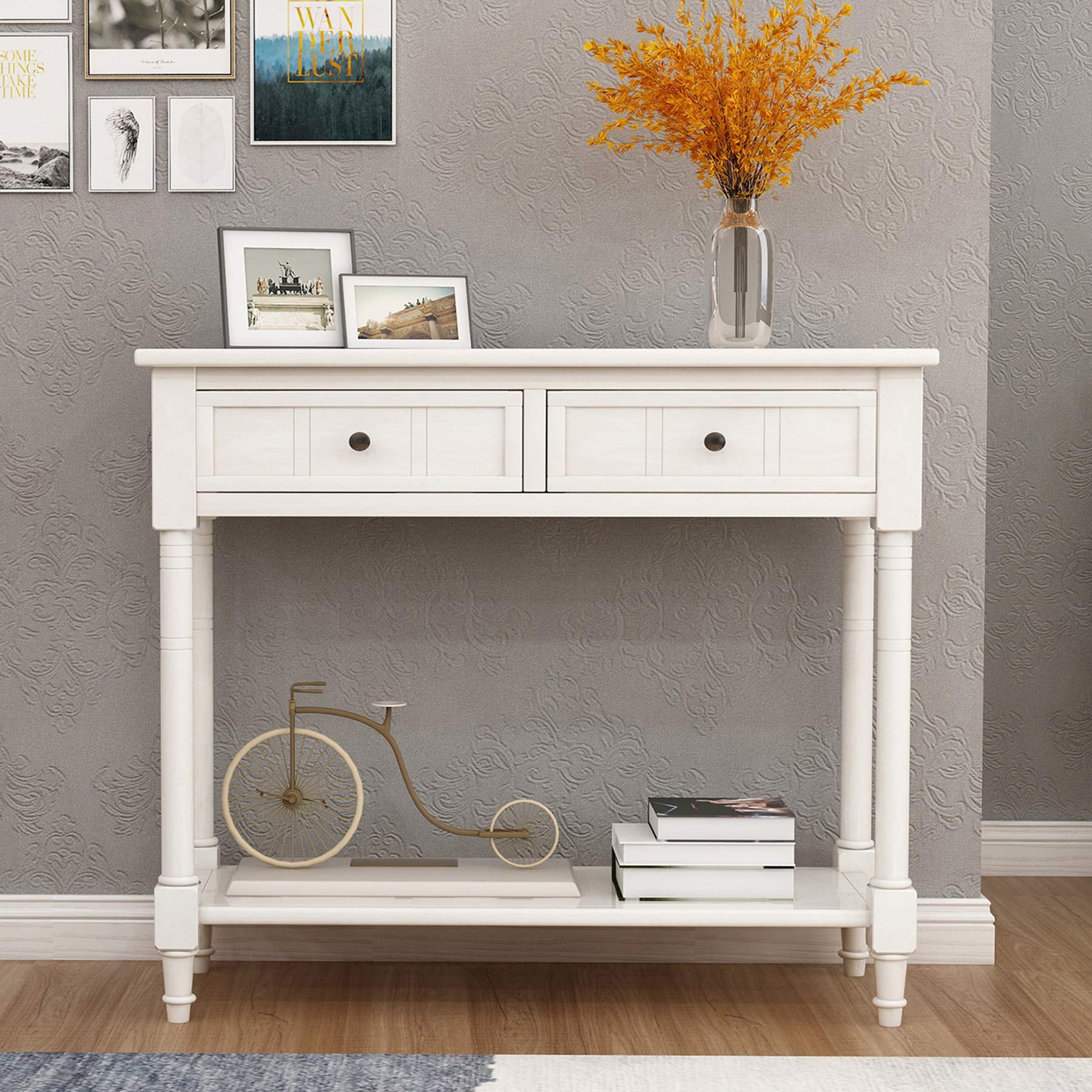 P PURLOVE White Wooden Console Table with 2 Drawers & Bottom Shelf - Entryway Sofa Table, Hallway Sideboard for Bedroom, Living Room & Office - Modern Storage Furniture for Small Spaces