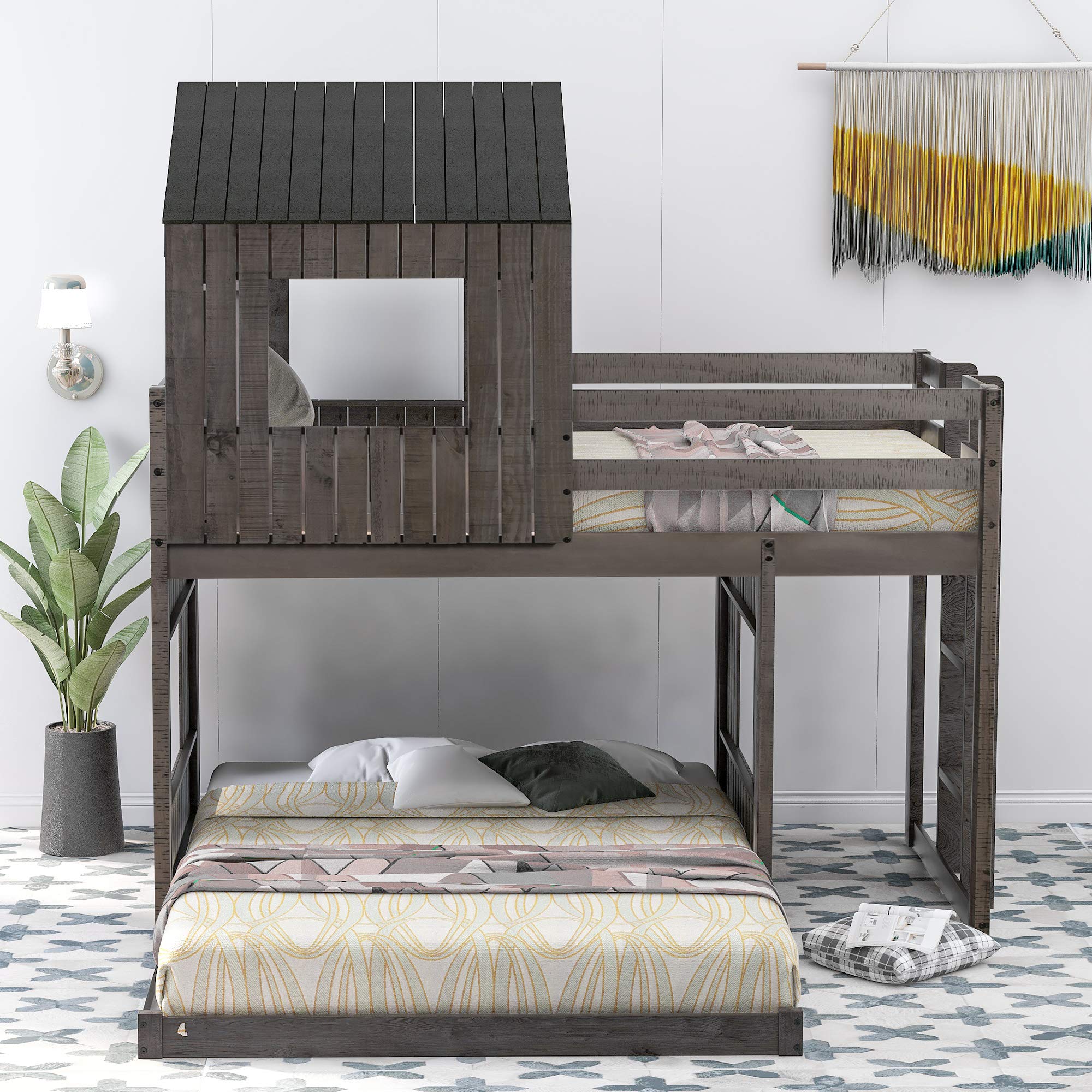 Solid Wood Twin Over Full Bunk Bed for Kids & Teens - Farmhouse Style Loft Bed with Playhouse, Safety Guardrails & Ladder - No Box Spring Needed (Antique Gray) - Perfect for Small Bedrooms, Guest Rooms & Kids' Play Areas