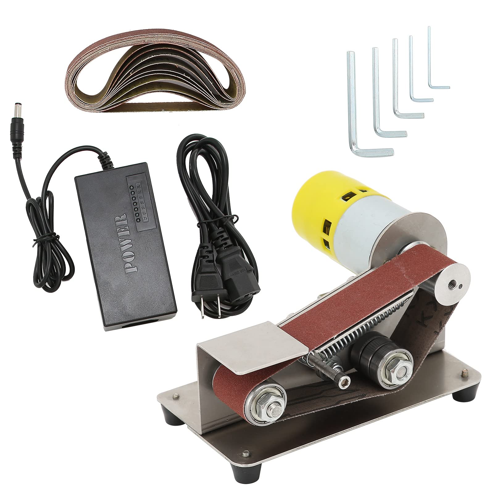 Eujgoov DIY Mini Belt Sander - 110-240V Electric Sanding & Polishing Machine, 9000RPM with 10PCS 1.2x13in Abrasive Belts - Perfect for Metal, Wood & Acrylic Polishing - Ideal for Home Workshops, Jewelry Making & DIY Projects