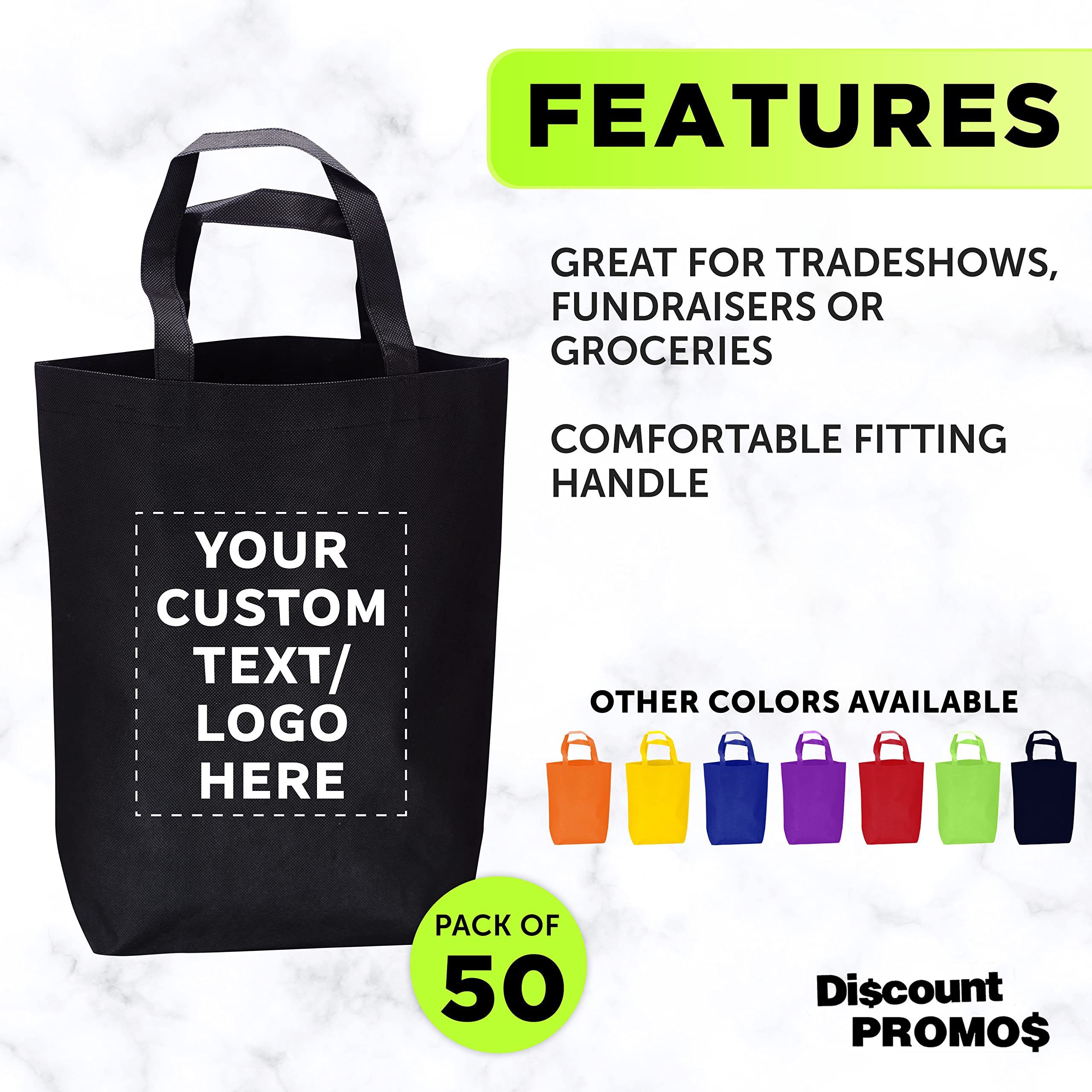 Custom Large Heavy Duty Reusable Tote Bags - Bulk Pack of 50 Personalized Grocery & Shopping Bags - Durable Promotional Bags for Business Branding & Giveaways - Black - Perfect for Trade Shows, Retail Stores & Eco-Friendly Shopping