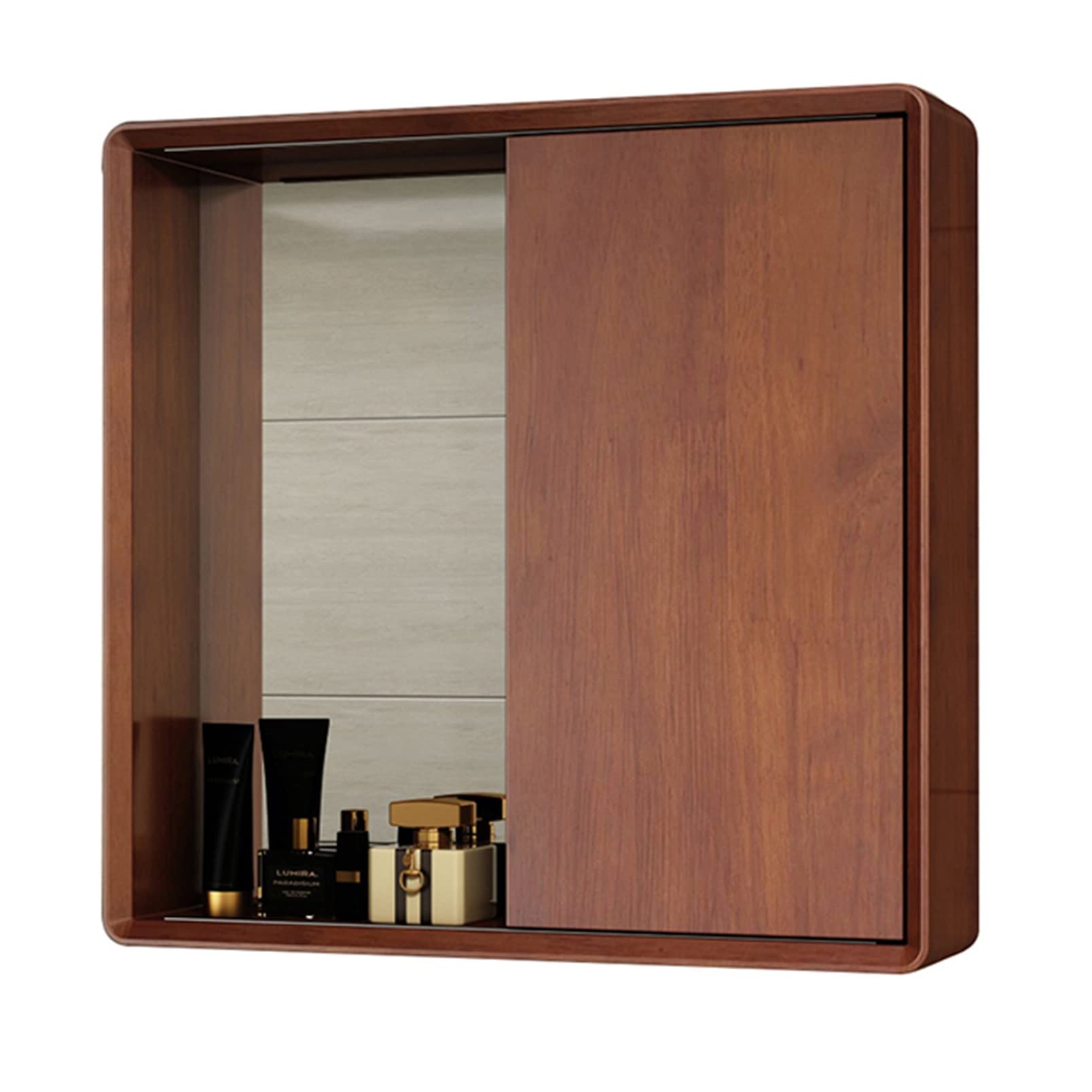 Oak Wood Wall Mounted Sliding Mirror Cabinet for Bathroom - 3-Tier Storage, 60x65x14cm, Brown | Space-Saving Bathroom Organizer with Mirror for Makeup, Shaving & Daily Essentials