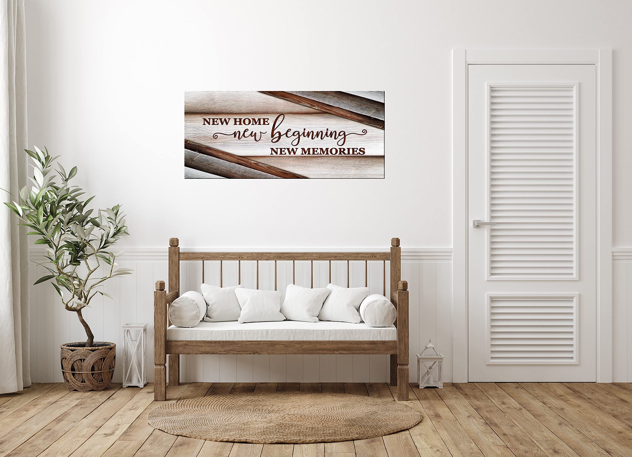 Wooden Framed Canvas Wall Art - Sense of Art New Home New Beginning V15 - Rustic Brown Housewarming Gift (42x19 Inch) - Perfect for Living Room, Religious & Farmhouse Decor - Ideal for Housewarming Parties & Cozy Home Styling