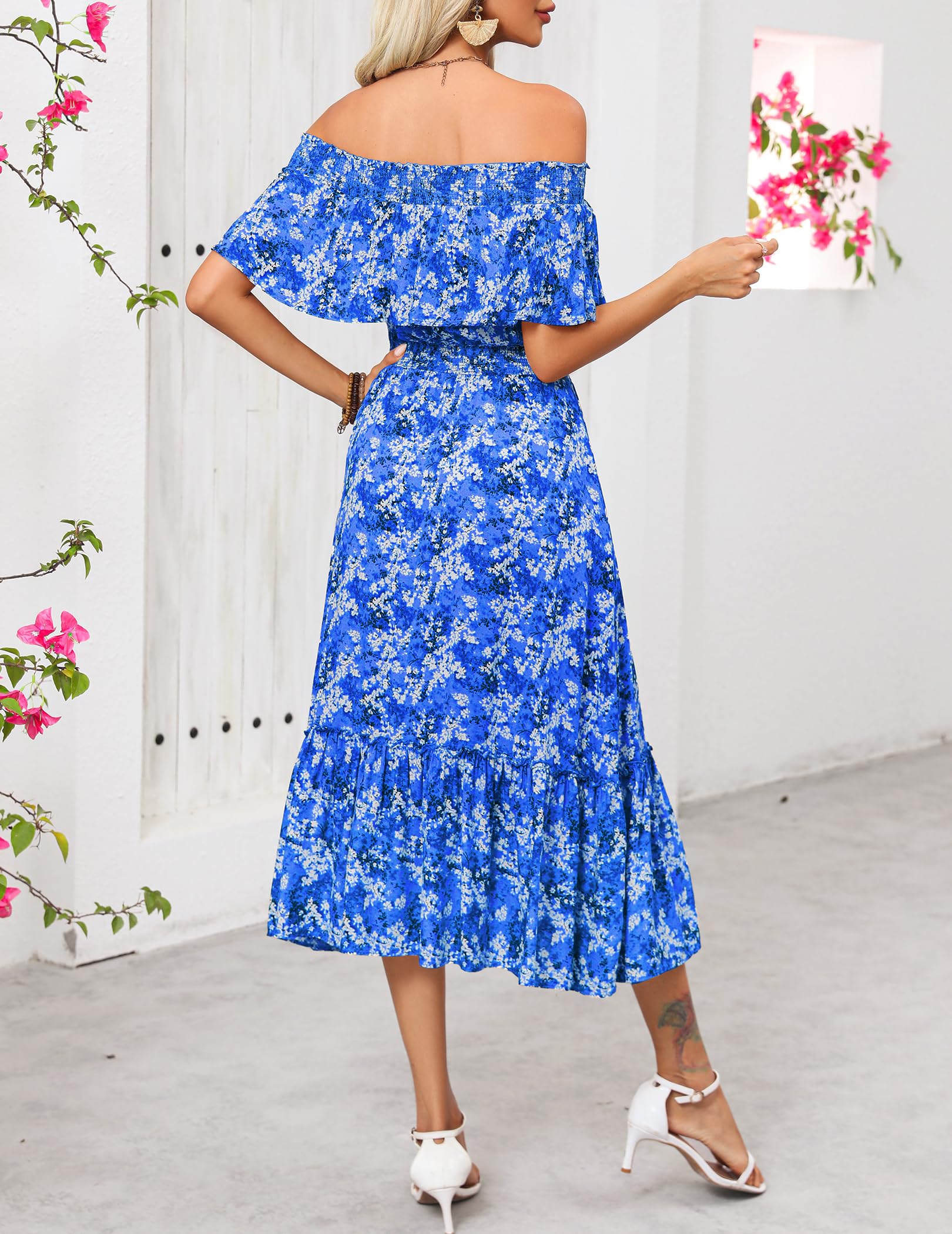 Prettywear Women's 2025 Spring Summer Boho Off Shoulder Midi Dress - Floral Print Short Sleeve A-Line Casual Beach Dress for Vacation, Party & Date Night | Plus Size Options Available