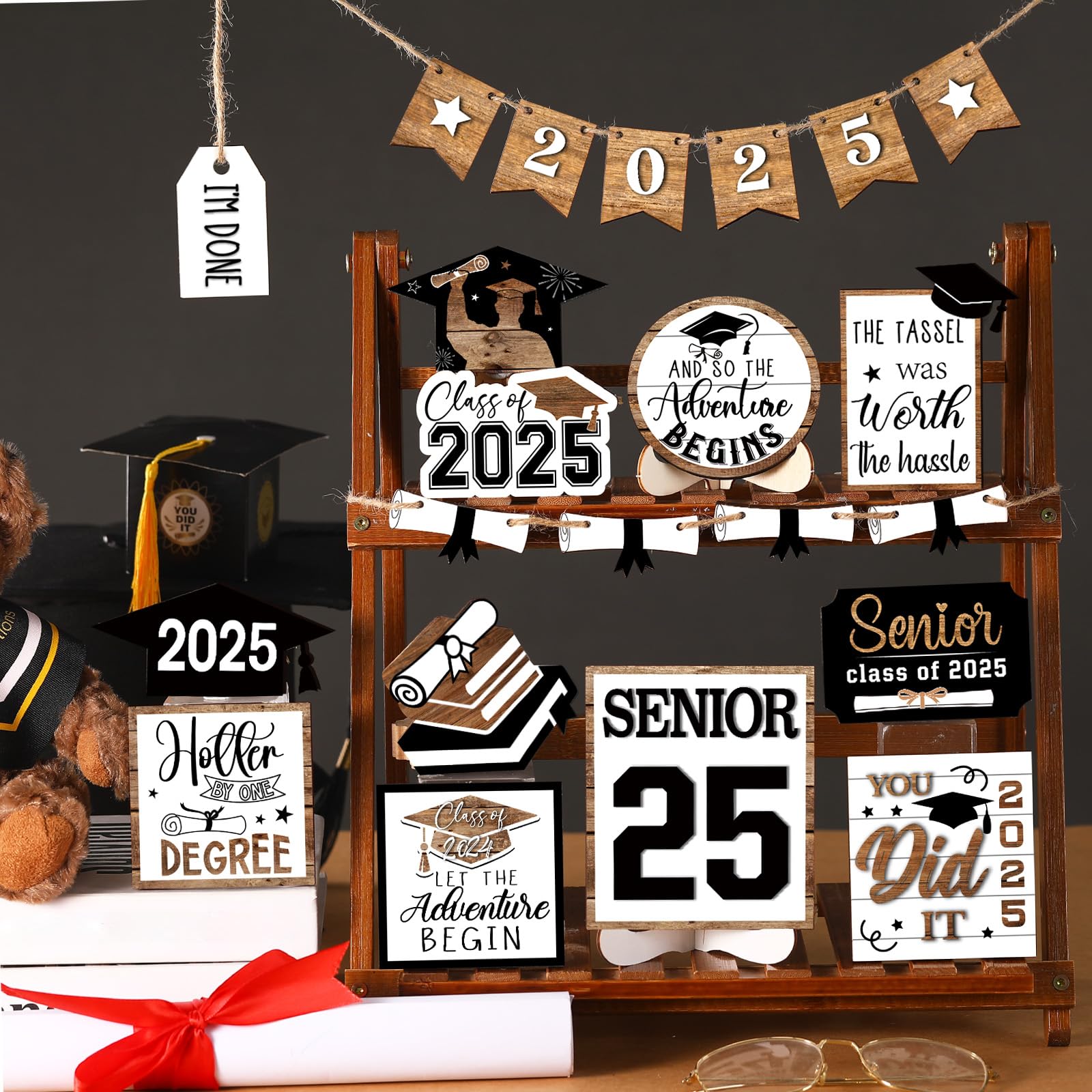 22 Pcs 2025 Graduation Tiered Tray Decor Set - Farmhouse Style Table Centerpieces with Class of 2025 Signs - Black & White Graduation Party Decorations for Home, School Events & Photo Backdrops