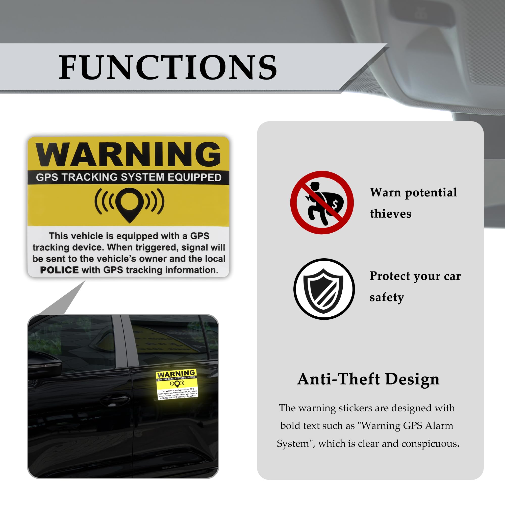 3PCS Anti-Theft GPS Warning Stickers 3.2x1.4 Inch for Car SUV Truck - Deter Vehicle Theft