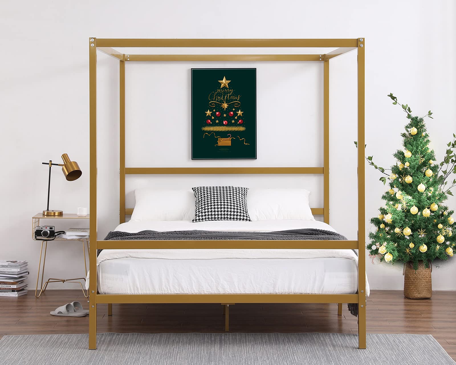 Bonnlo Gold Canopy Bed Frame Queen Size - Metal 4 Poster Platform Bed with 10 Inch Height, No Box Spring Needed - Perfect for Master Bedrooms, Guest Rooms & Bohemian Style Decor