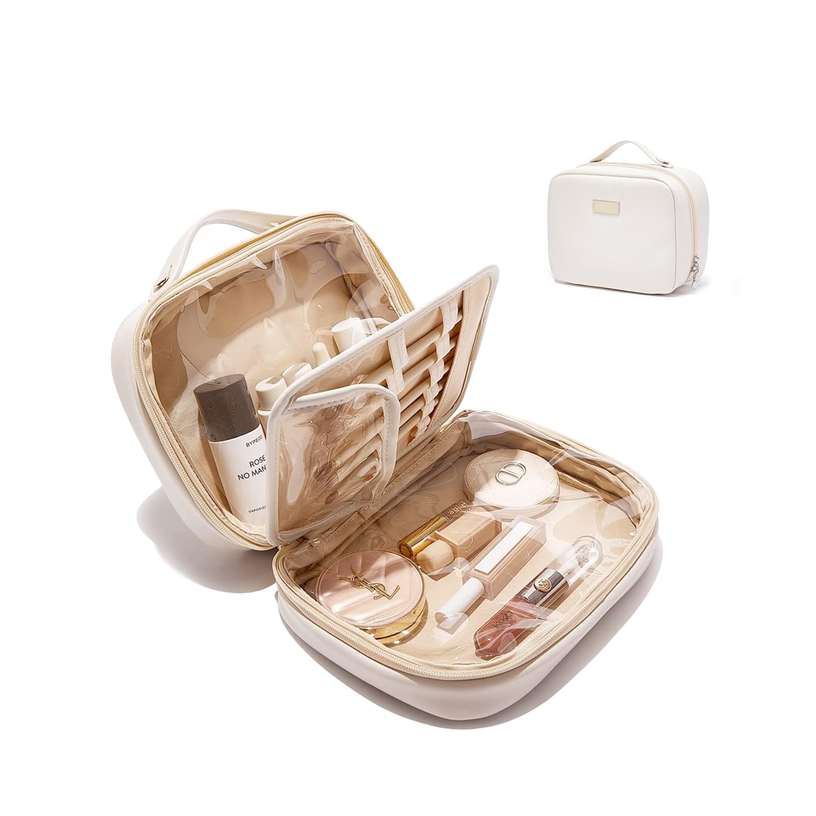 Large Capacity Travel Makeup Bag with Clear Double-Sided Compartments & Brush Holder - Waterproof PU Leather Cosmetic Organizer & Toiletry Bag for Women (Beige) - Perfect for Air Travel, Gym, and Daily Beauty Essentials